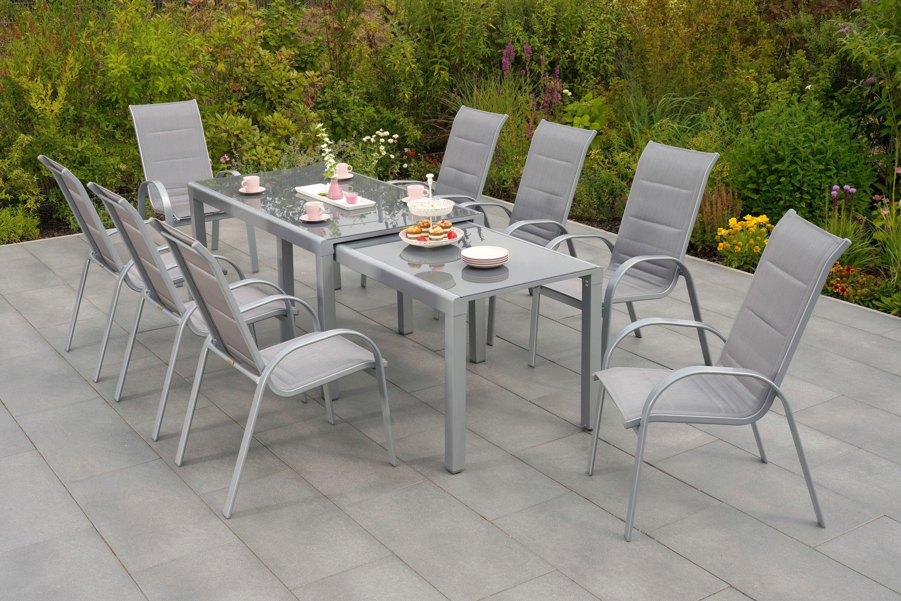 MERXX Tuin-eethoek Amalfi di lusso met 8 stoelen en verborgen tweede tafel voor uitbreiding (10-delig) tuinsets