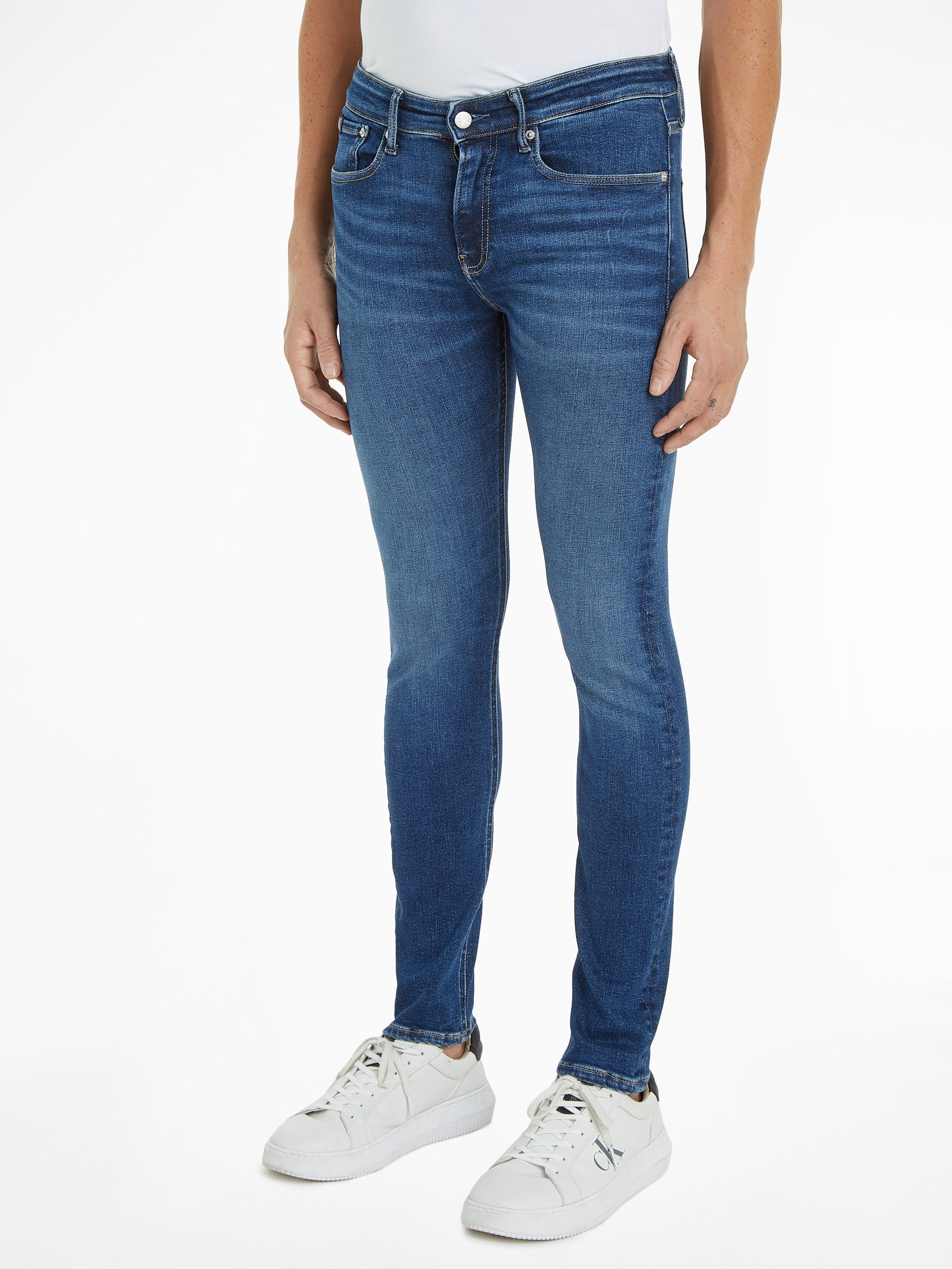 Calvin Klein Jeans Blauwe Effen Heren Jeans Rits Knoopsluiting Blue Heren