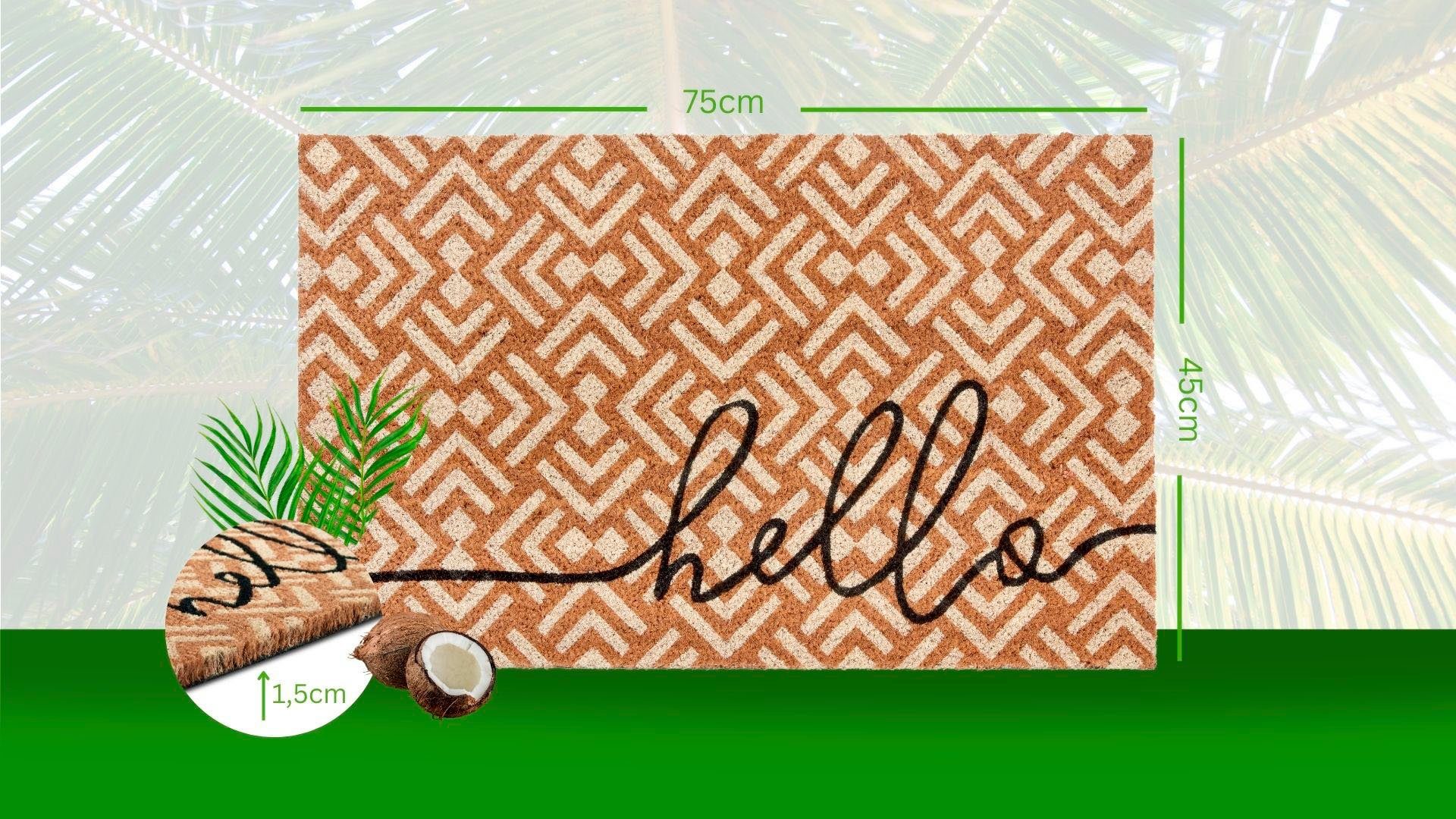 HANSE Home Mat Mix Mats Kokos Hello Geometric, deurmat Kokos, vuilopvangmat, outdoor, antislip, binnen, kokosmat, gang