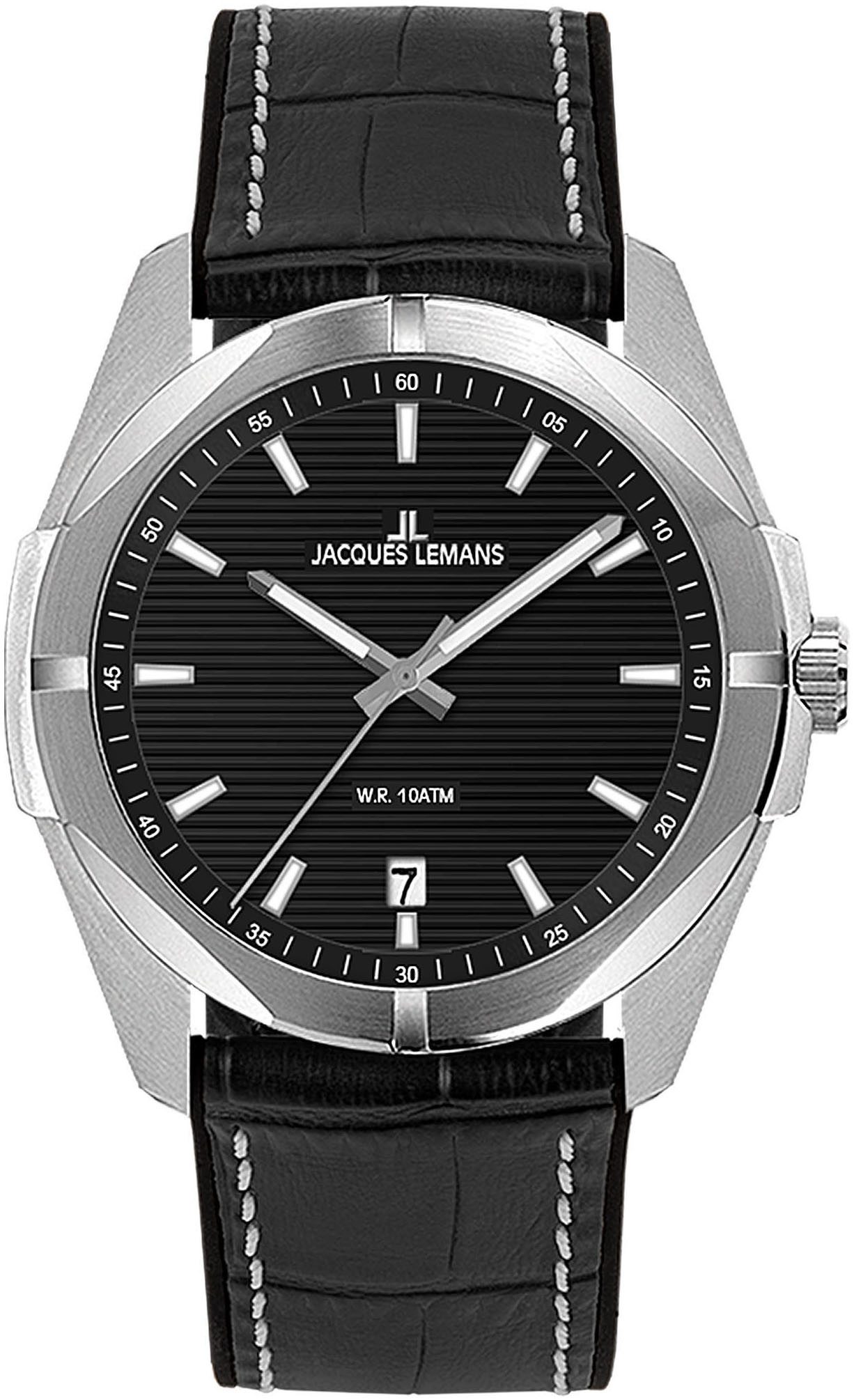 Jacques Lemans Kwartshorloge Monte Carlo Horloge, herenhorloge, dameshorloge, datum, glow-in-the-dark wijzers, leren band dames horloges zwart