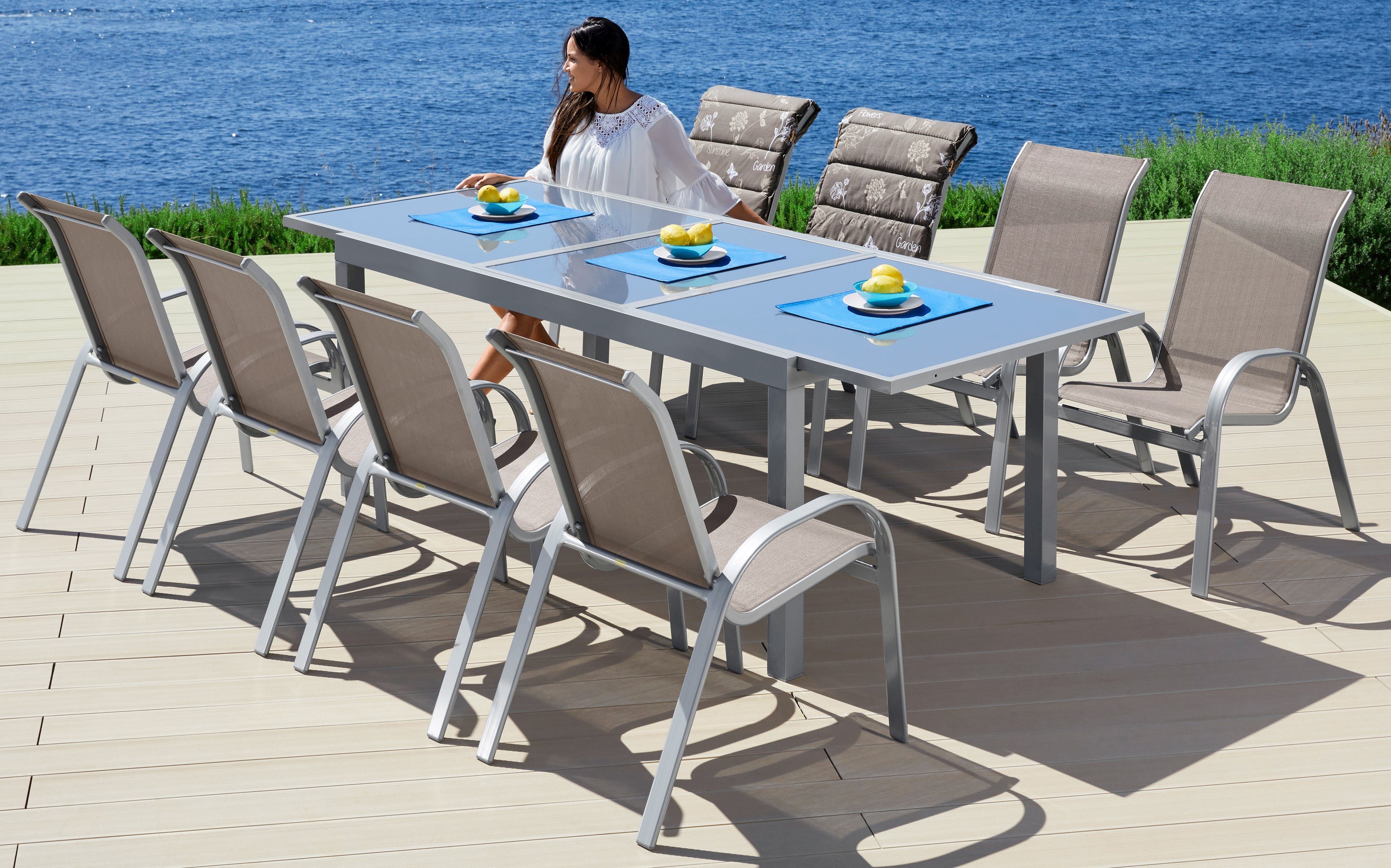 MERXX Tuin-eethoek Amalfi gepoedercoat aluminium, van 100% polyester, voor 8 personen (9-delig) tuinsets bruin