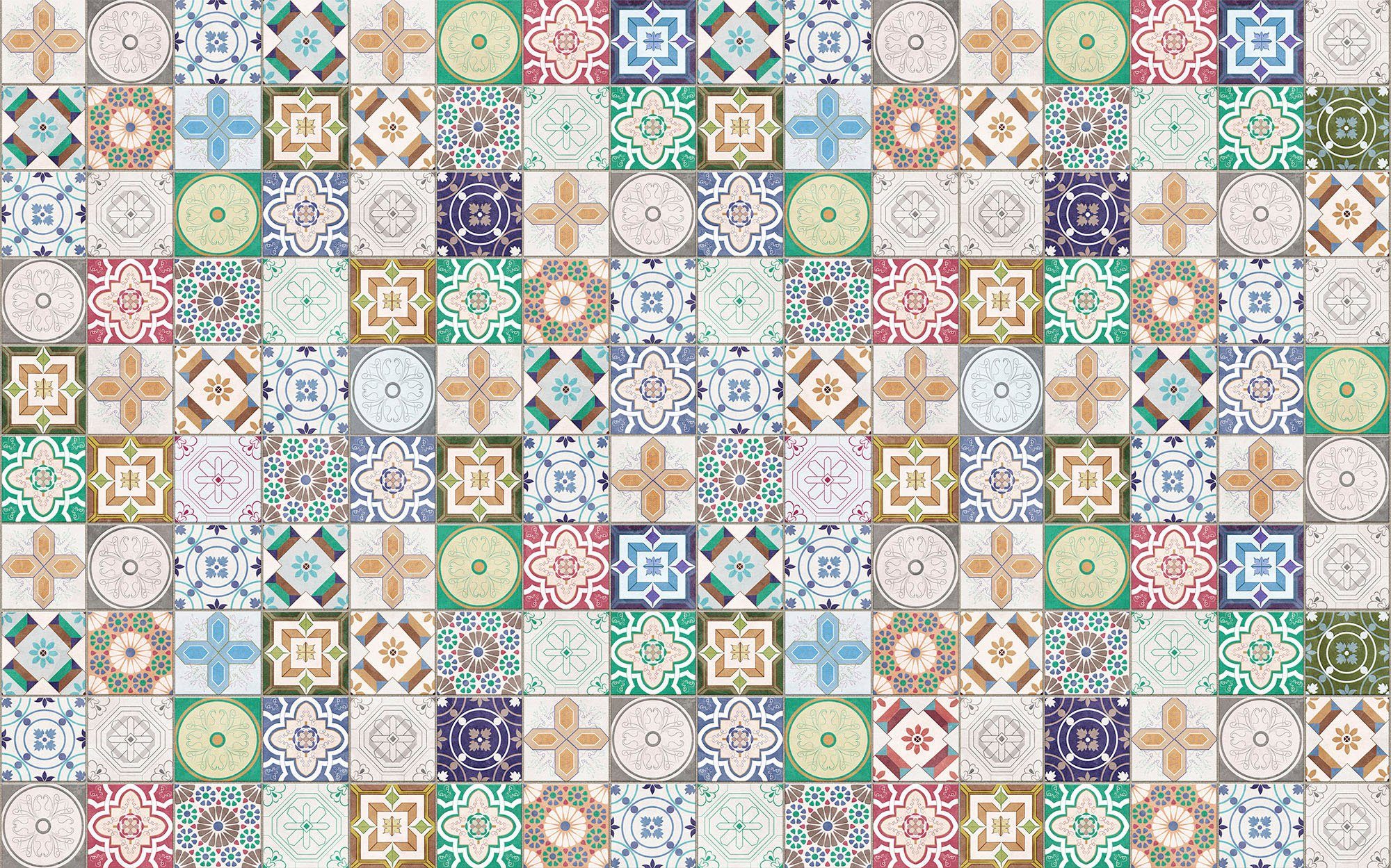 Komar Vliesbehang Digitale print vlies - Marrakech Mosaik - Afmeting 400 x 250 cm (1 stuk) zelfklevend behang grijs