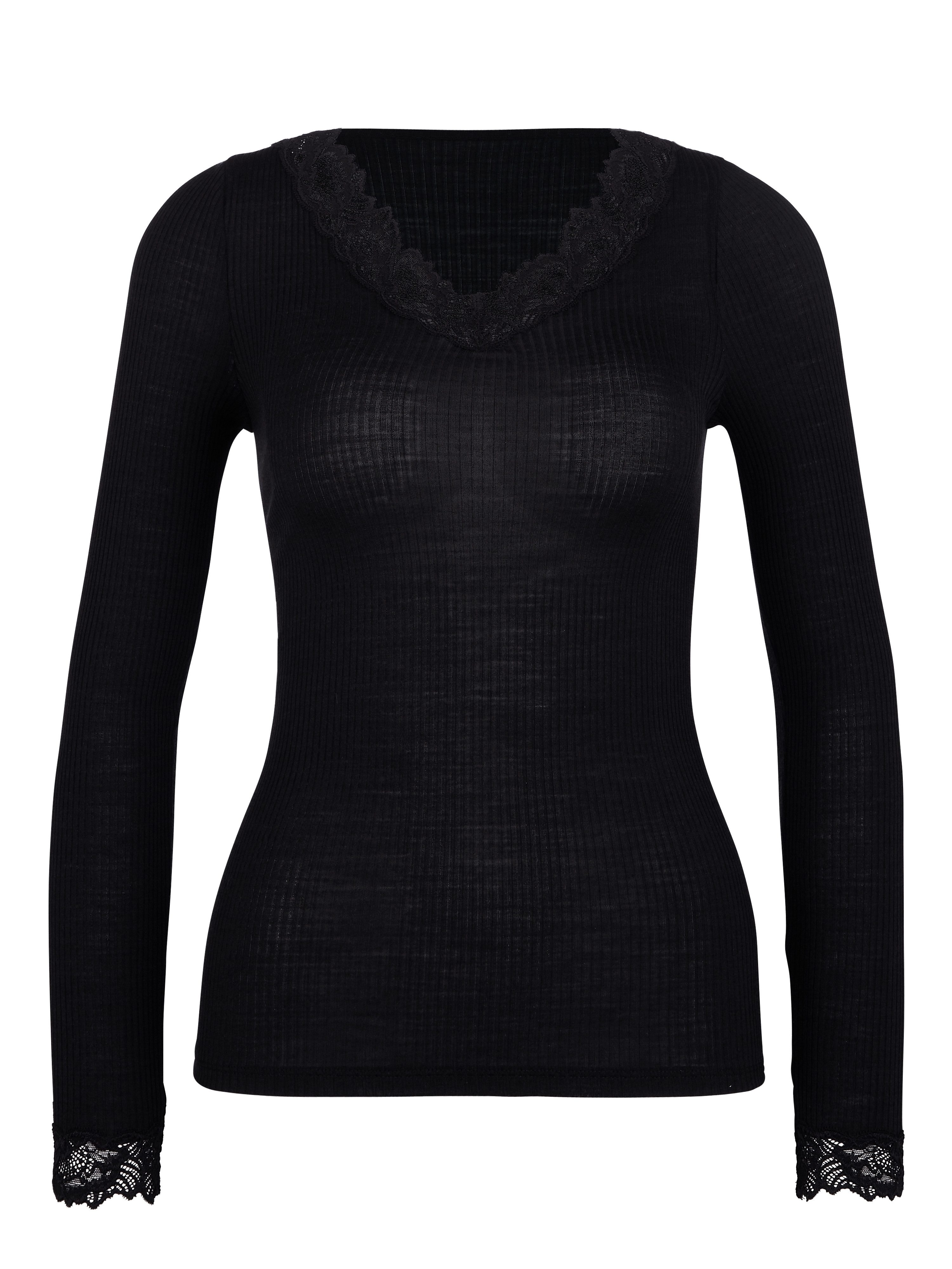 CALIDA Shirt met lange mouwen Silky Wool Joy met kant aan de halslijn en boorden