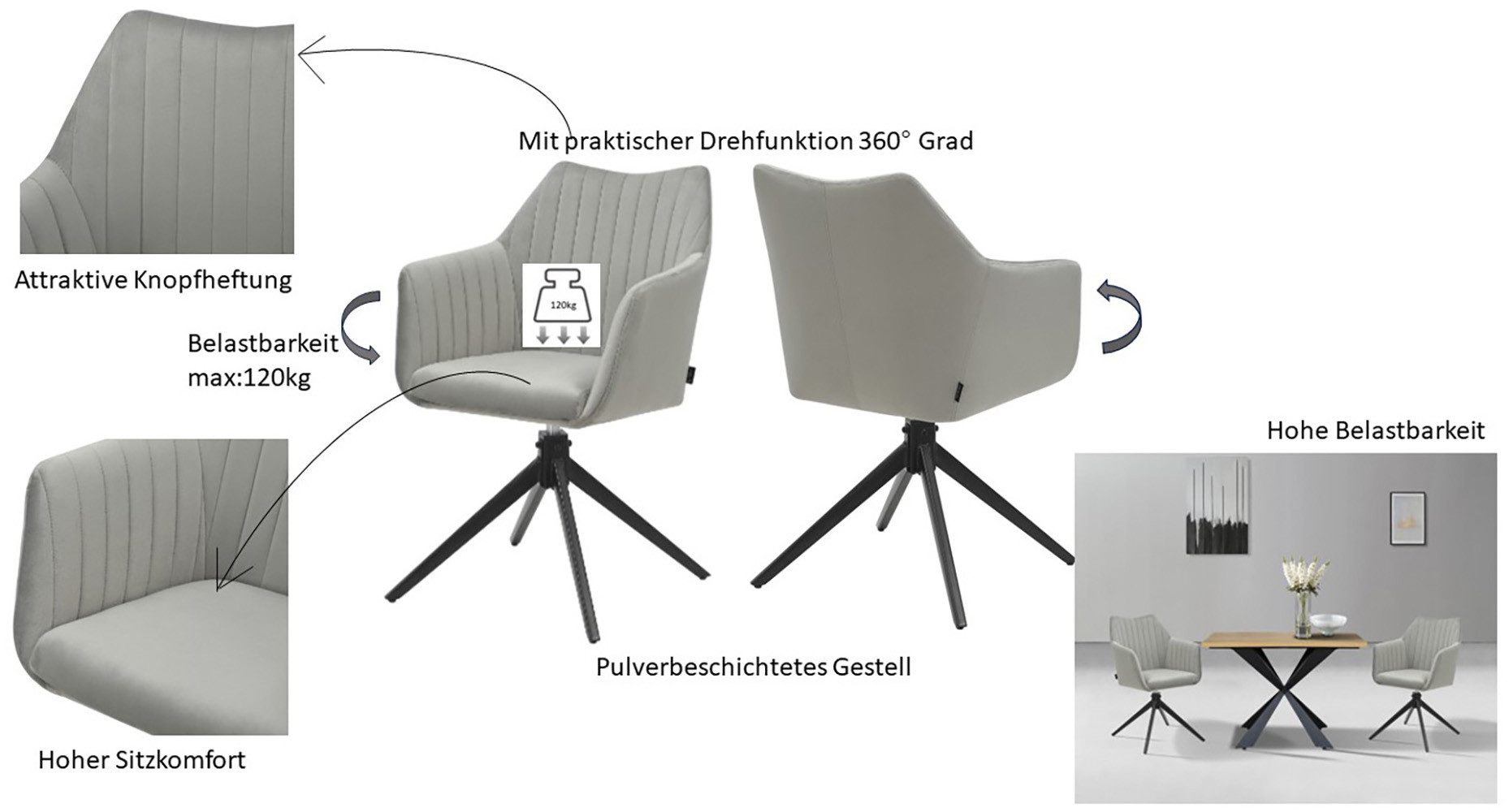 Home affaire Eetkamerstoel TAMPAST1, TOPSELLER! met draaifunctie 360 graden (set, 2 stuks)
