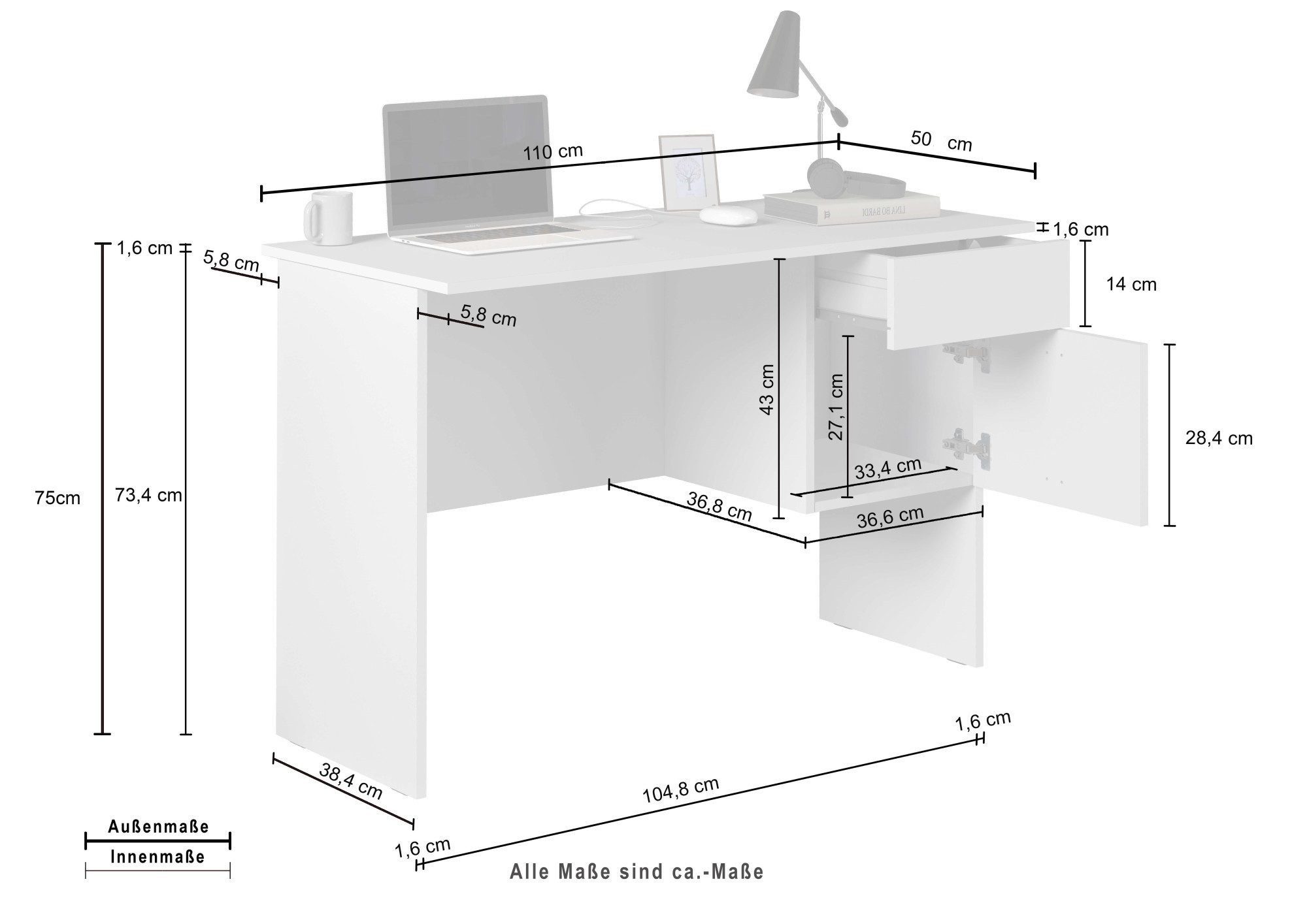 INOSIGN Bureau Sunrise, kleine computertisch, bureautafel met 1 deur & 1 lade, tafelblad breedte 110 cm, made in italy