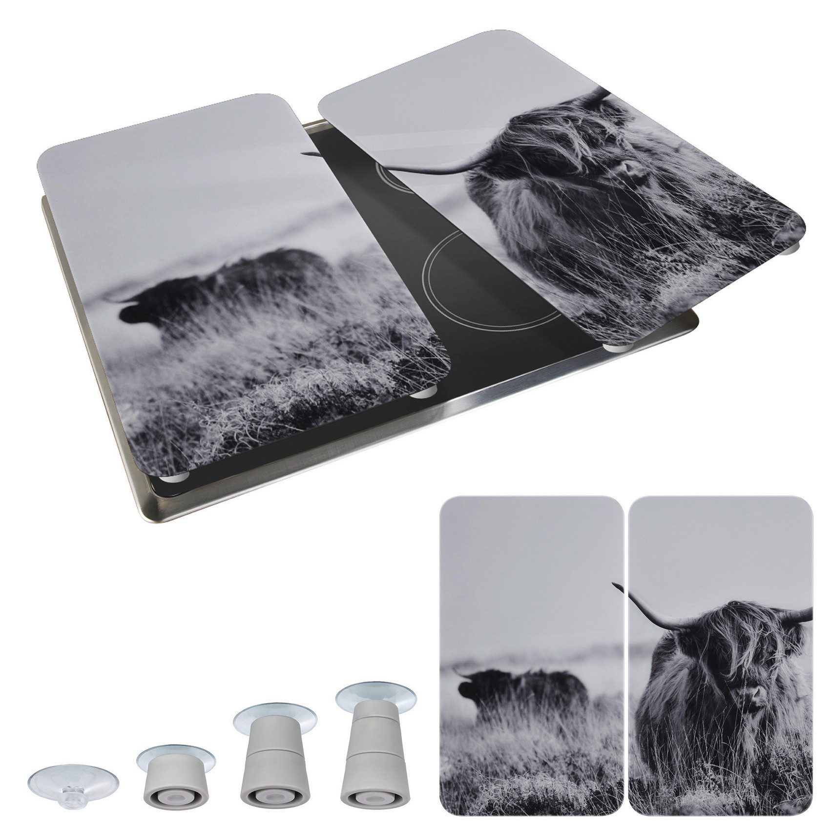WENKO Kookplaatdeksel Universal Model Highland Cattle Kookplaatafdekking voor alle soorten kookplaten, krasvast, met antislipvoetjes (set, 2-delig)