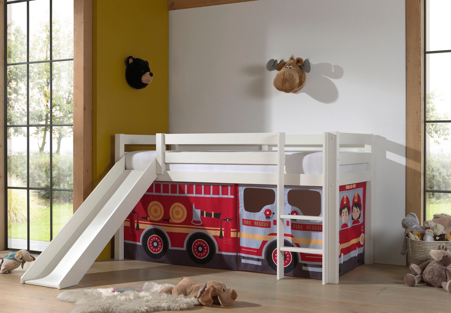 Vipack Speelbed Vipack Pino Hoogslaper met textielset, inclusief lattenrol, ladder en glijbaan