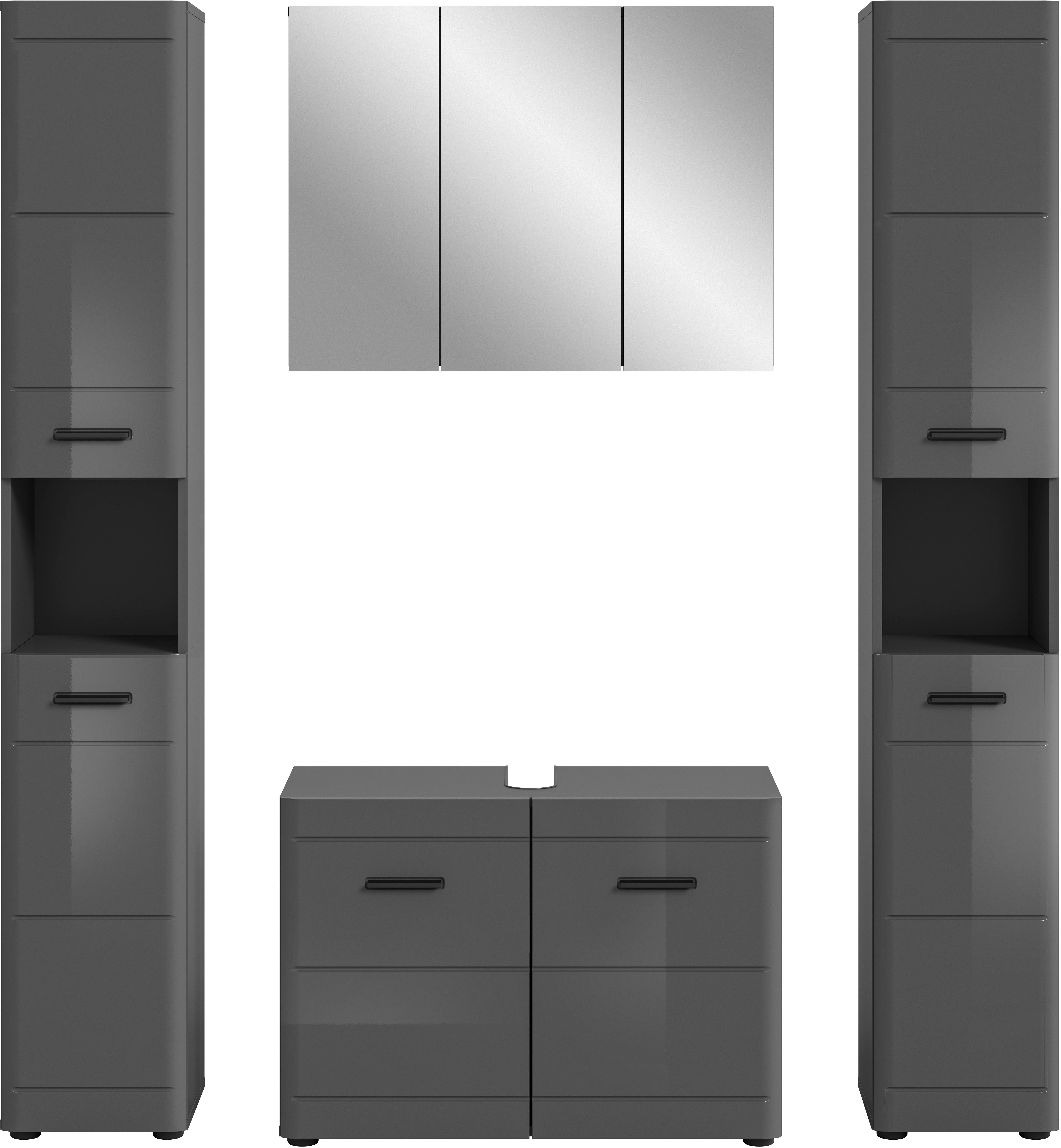 welltime Badmeubelset Doux, bestaande uit: 2x hoge kast, wastafelonderkast Spiegelschrank, hoogwaardige hoogglans MDF front met groeffrasing (4 stuks)