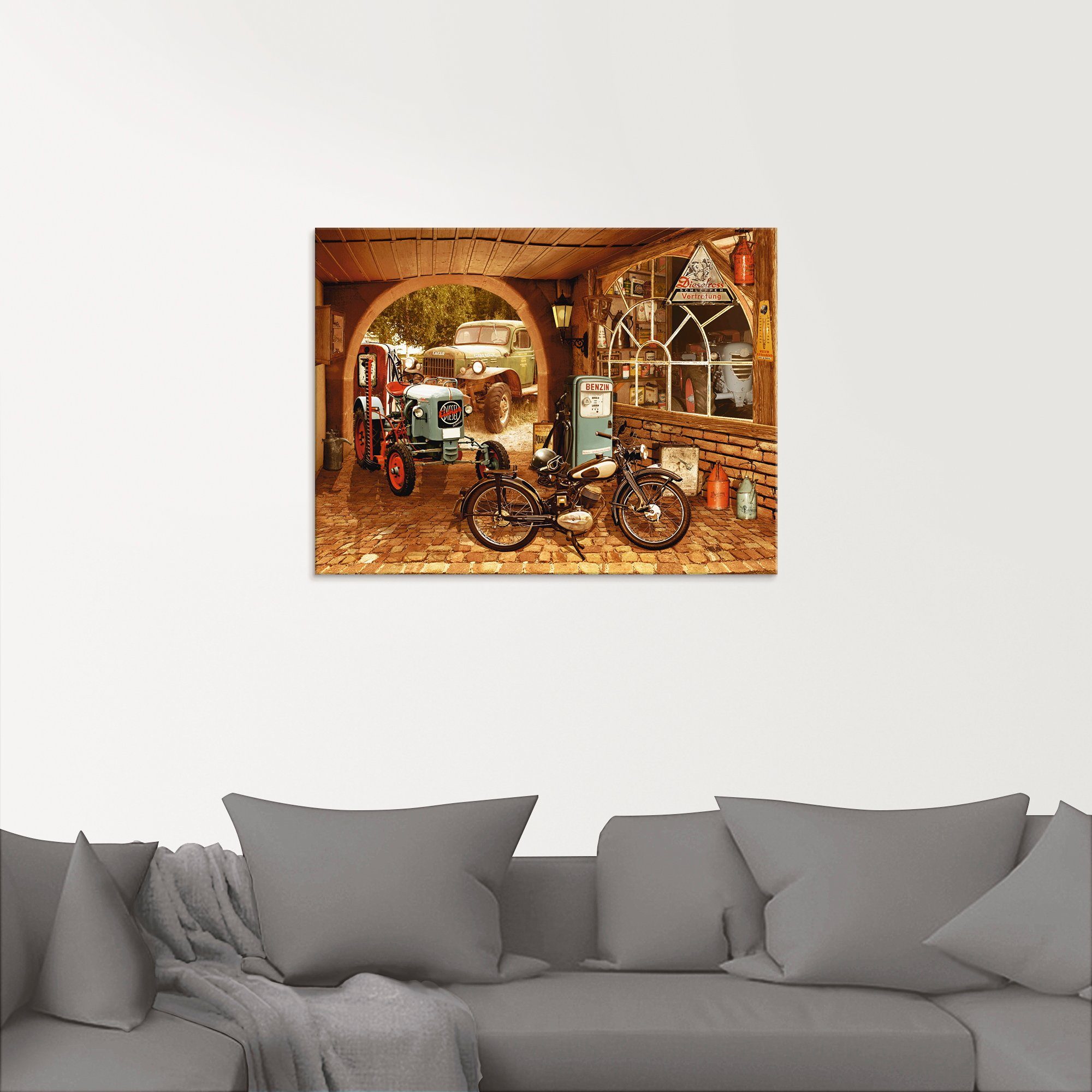 Artland Print op glas Werkplaats met tractor en motor