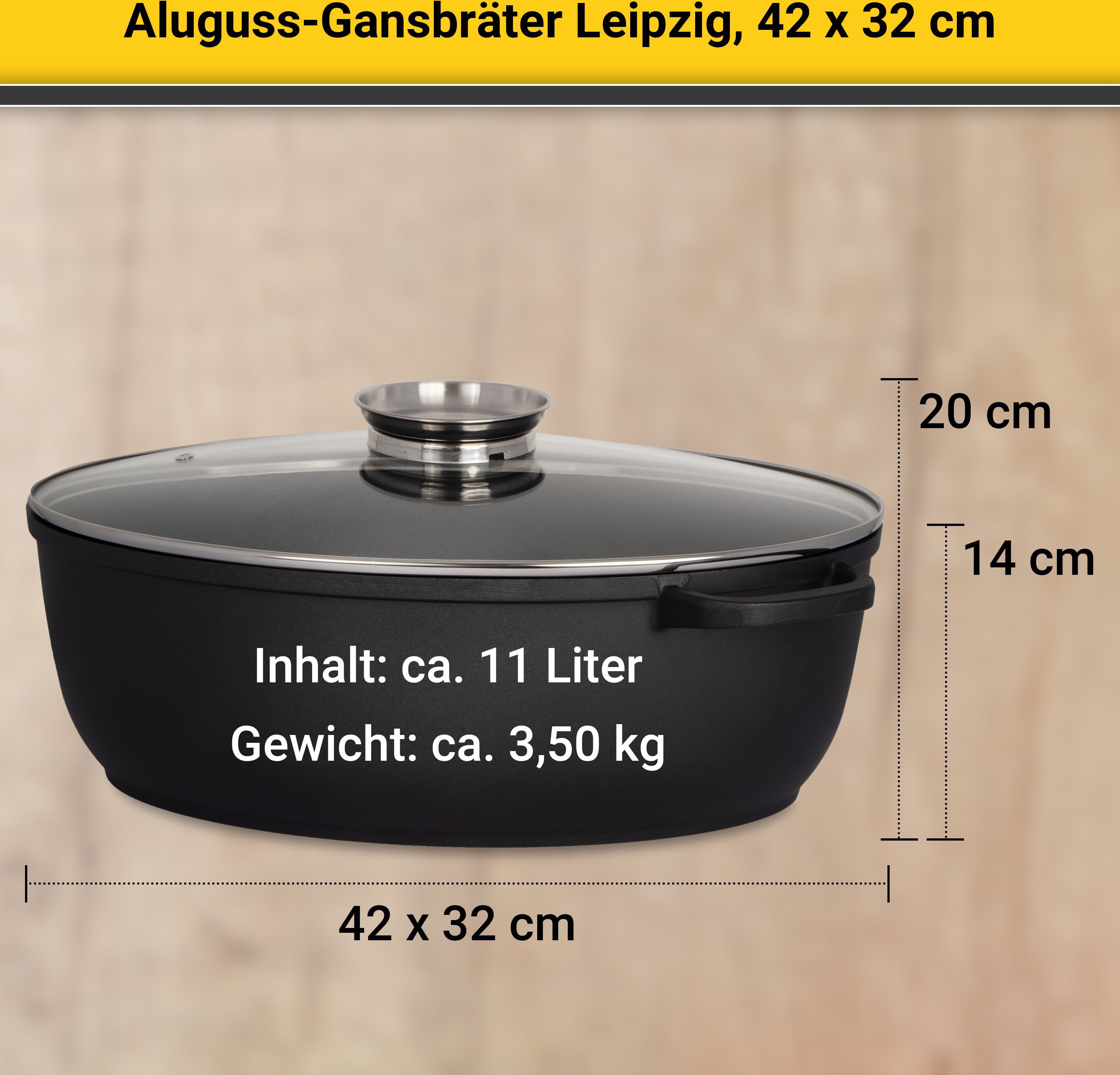 Krüger Braadpan Gietaluminium ganzenbraadpan met glazen deksel en aromaknop LEIPZIG, 42x32x14 cm (1-delig)