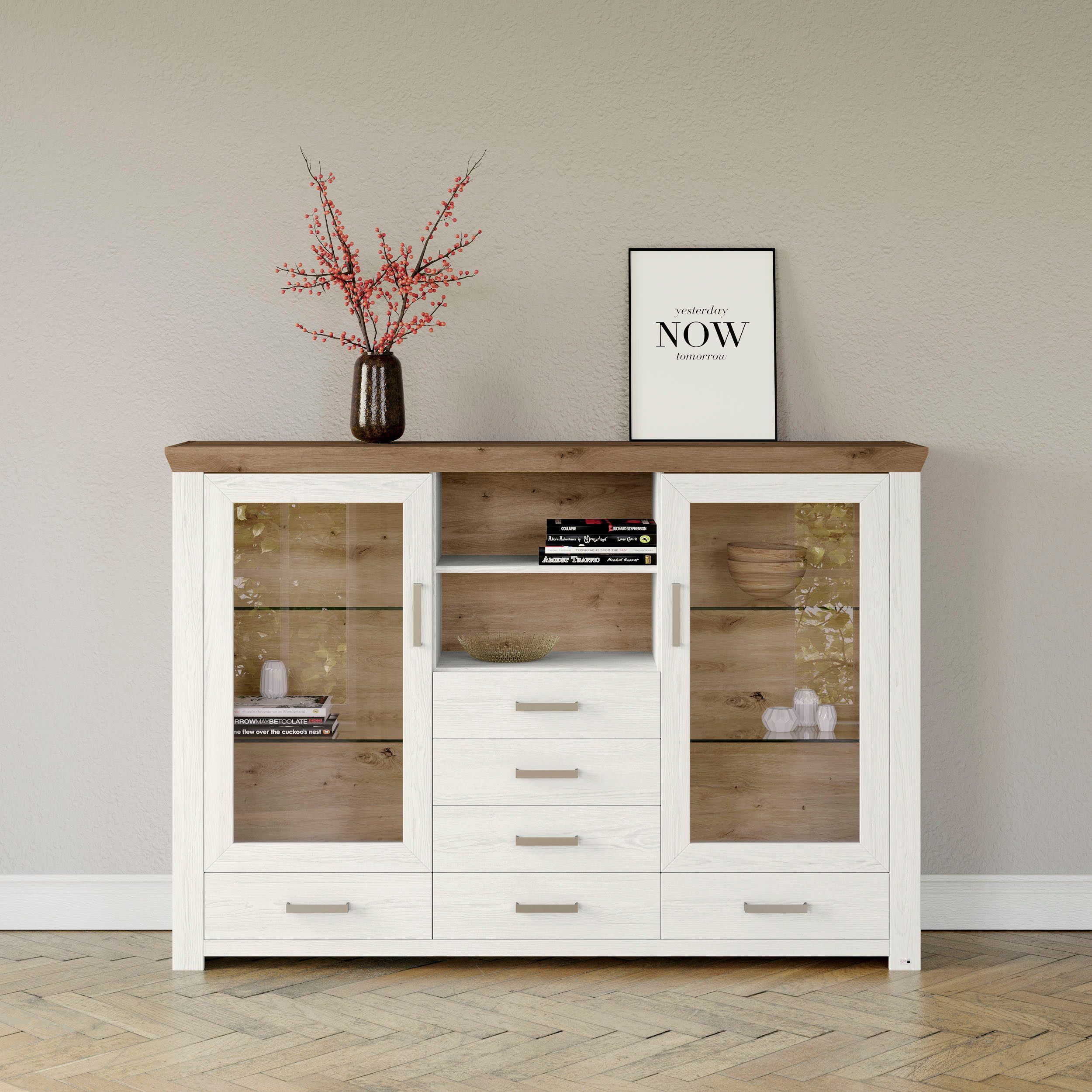 set one by Musterring Highboard York Type 56, met Glazendeuren, verlichting optioneel, B 184 cm highboards wit