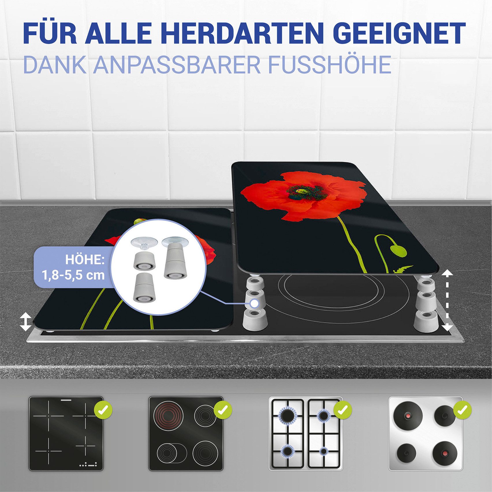 WENKO Kookplaatdeksel Universal Model Mohn Kookplaatafdekking voor alle soorten kookplaten, krasvast, met antislipvoetjes (set, 2-delig)