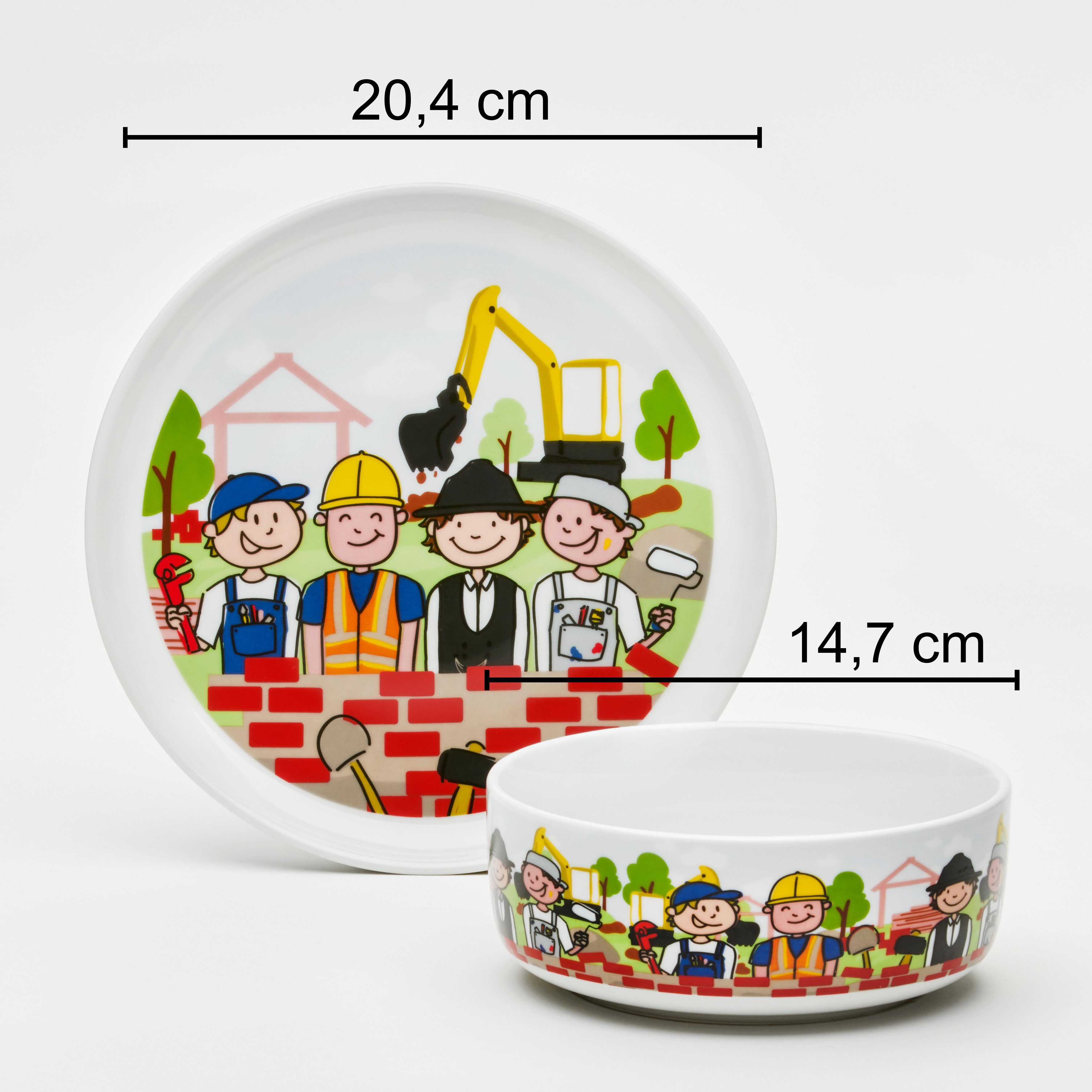 van Well Kinderservies-set Kinderset bouwplaats, 3-delig, servies-set, service met kleurrijke decor, vaatwasmachine- en magnetronbestendig (set, 3-delig)