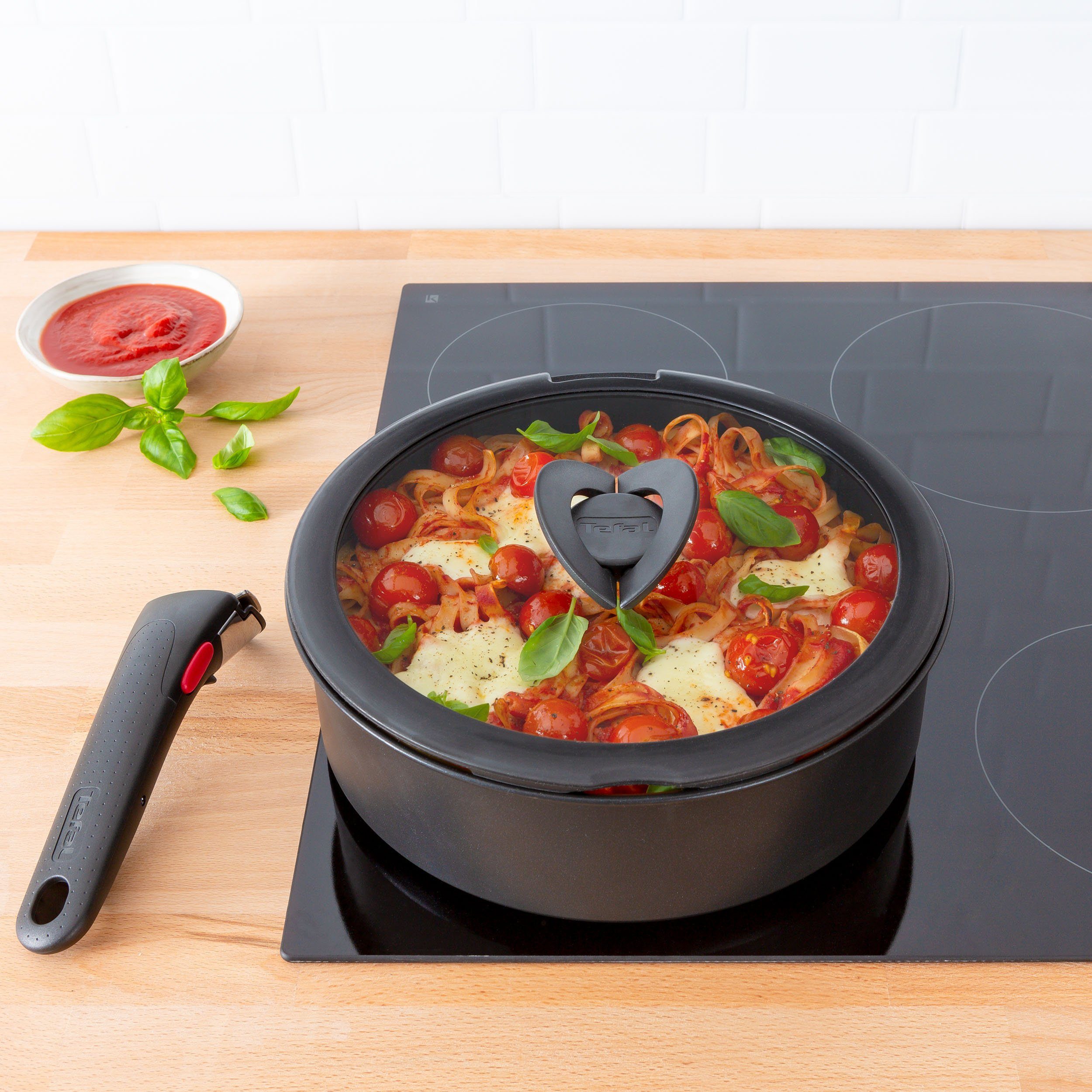 Tefal Deksel 98491 Ingenio 16/18/20 cm uitstekend voor ingenio-pannen, glazen deksel met siliconenrand, klapgrepen (set, 3-delig)