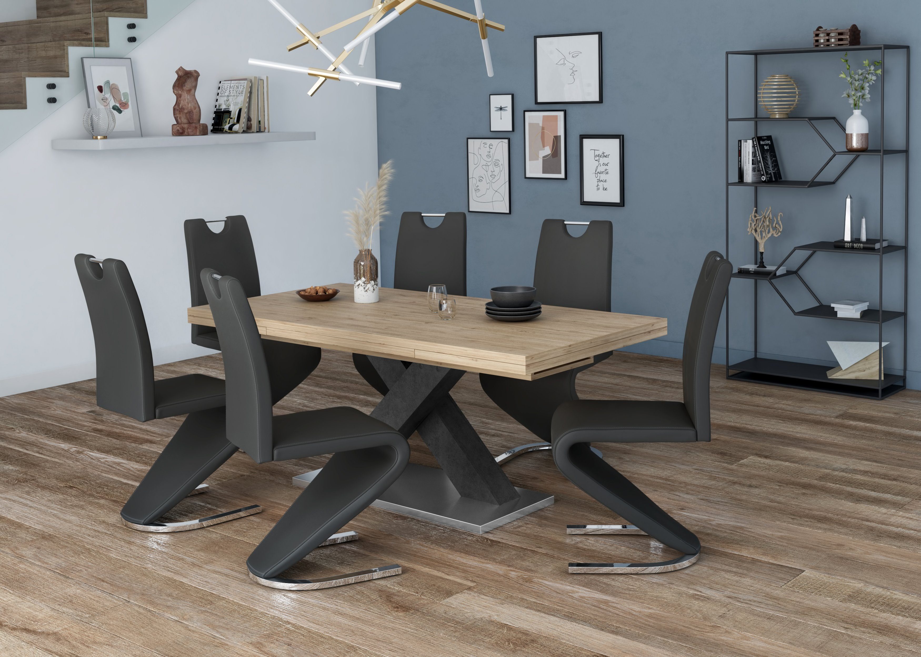 Mäusbacher Eettafel Comfort C met x-frame in grafiet en met uittrekfunctie, breedte 180-280 cm