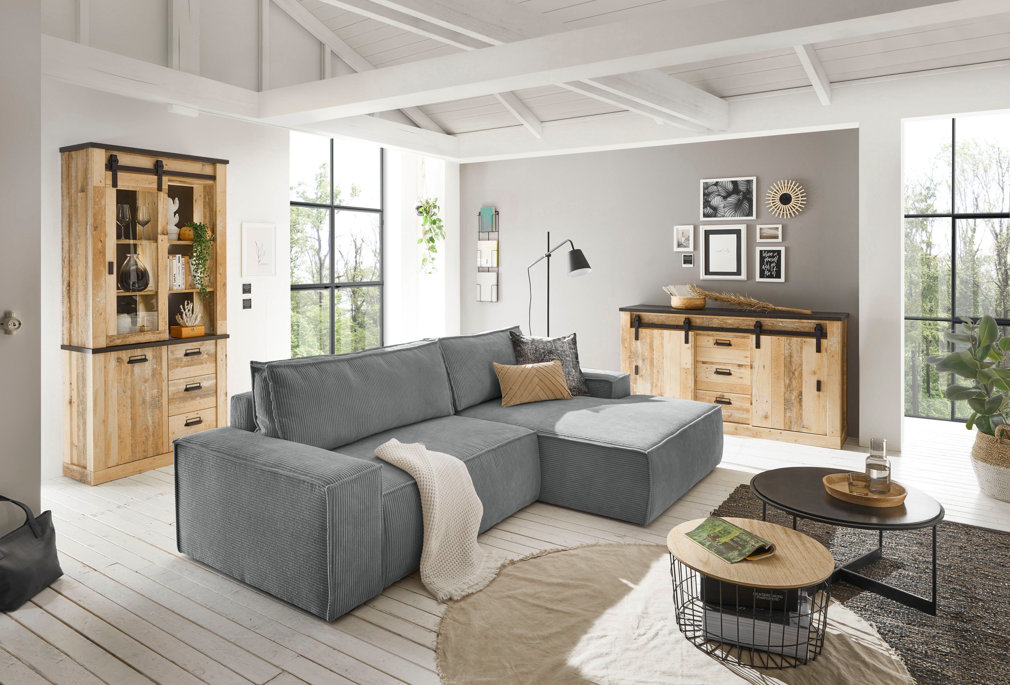Home affaire Hoekbank SHERWOOD bedbank 267 cm, L-model, Slaapfunctie met bedlade (210x136 cm), cord, vintage, fluweel