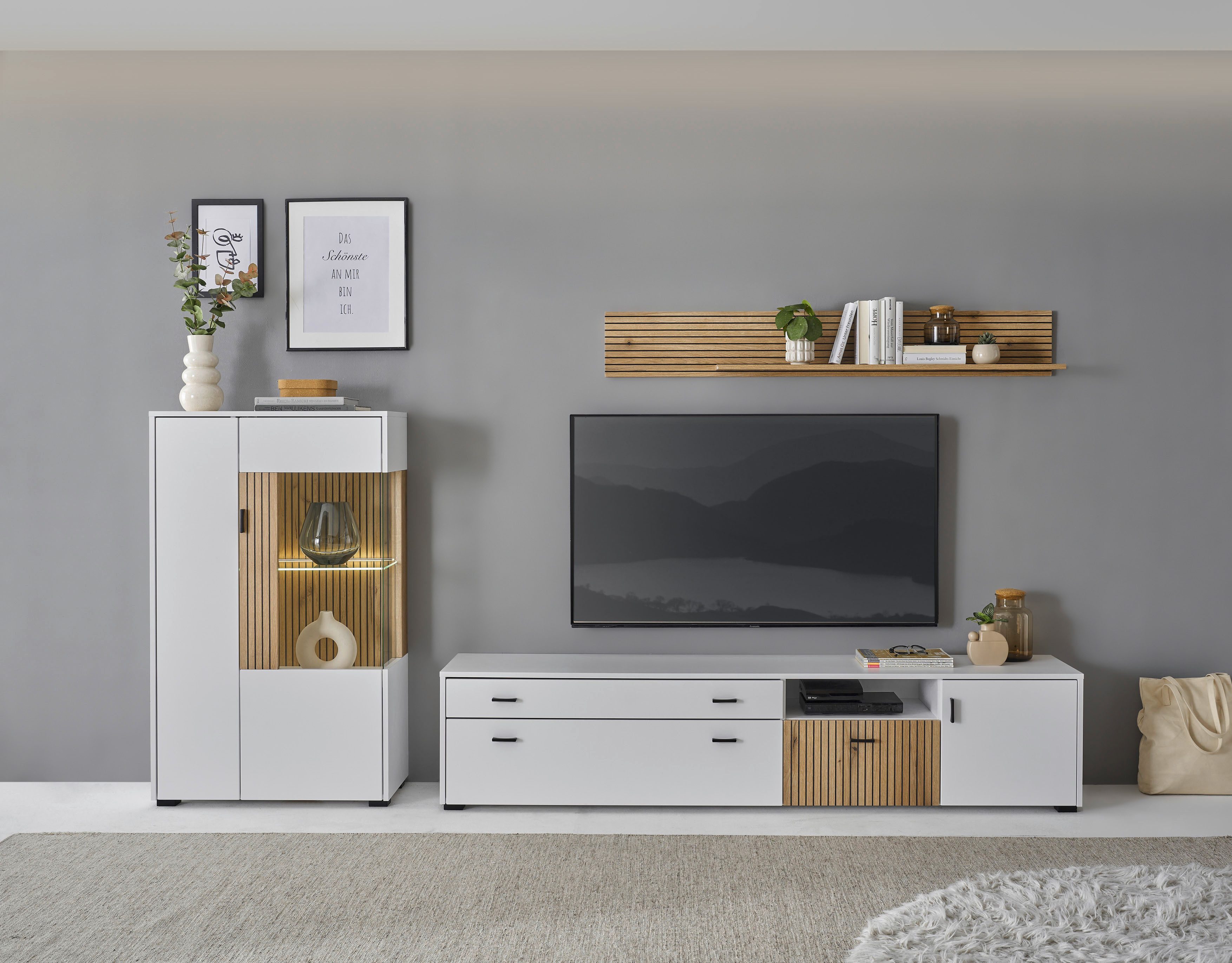 INOSIGN Wandmeubel Hudson met moderne groevenlook, handgrepen van metaal (zwart), breedte 285 cm (set, 3-delig) tv-wandmeubels wit