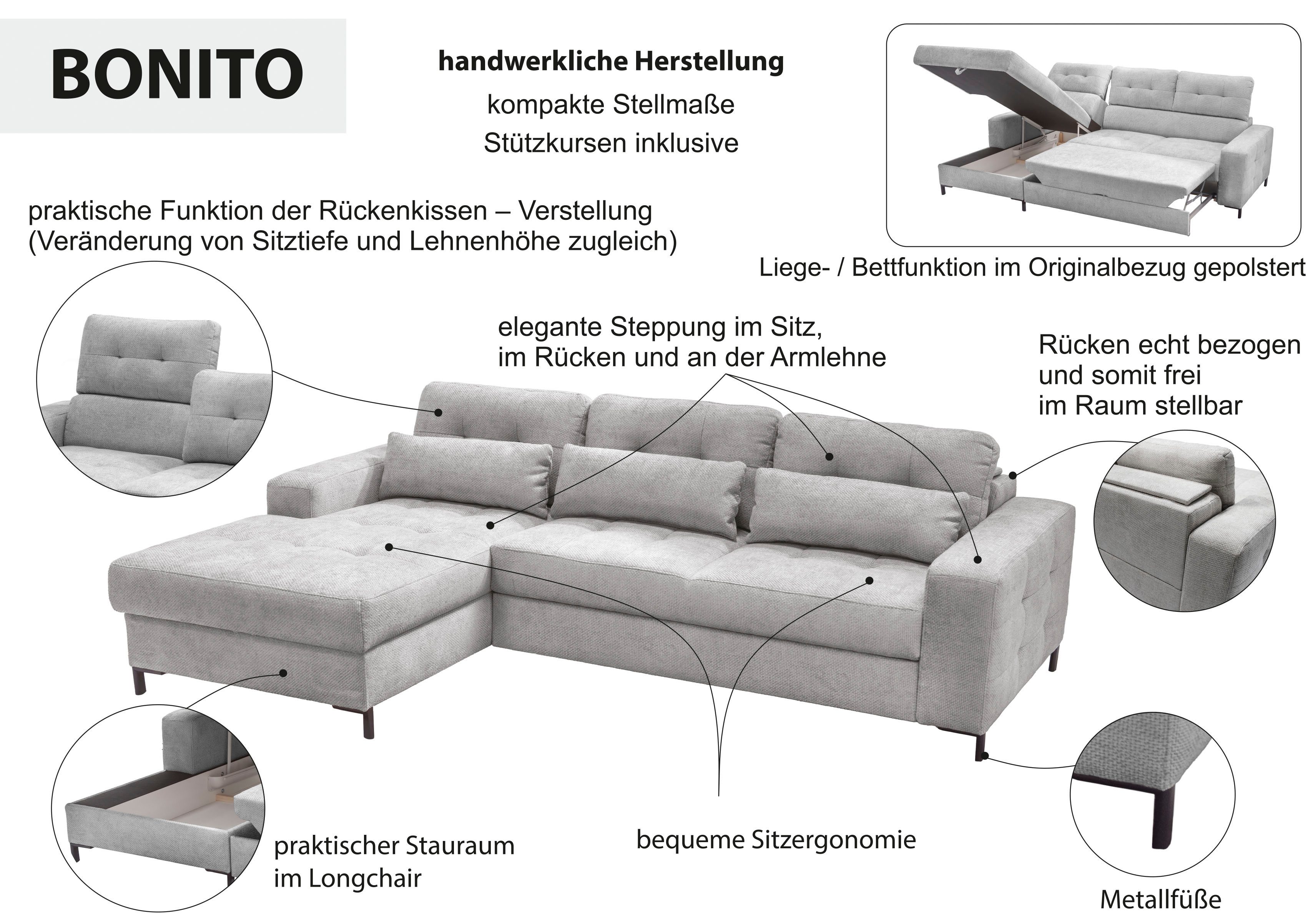 exxpo - sofa fashion Hoekbank Bonito, met rug- en zitdiepteverstelling, inclusief bed & bedlade