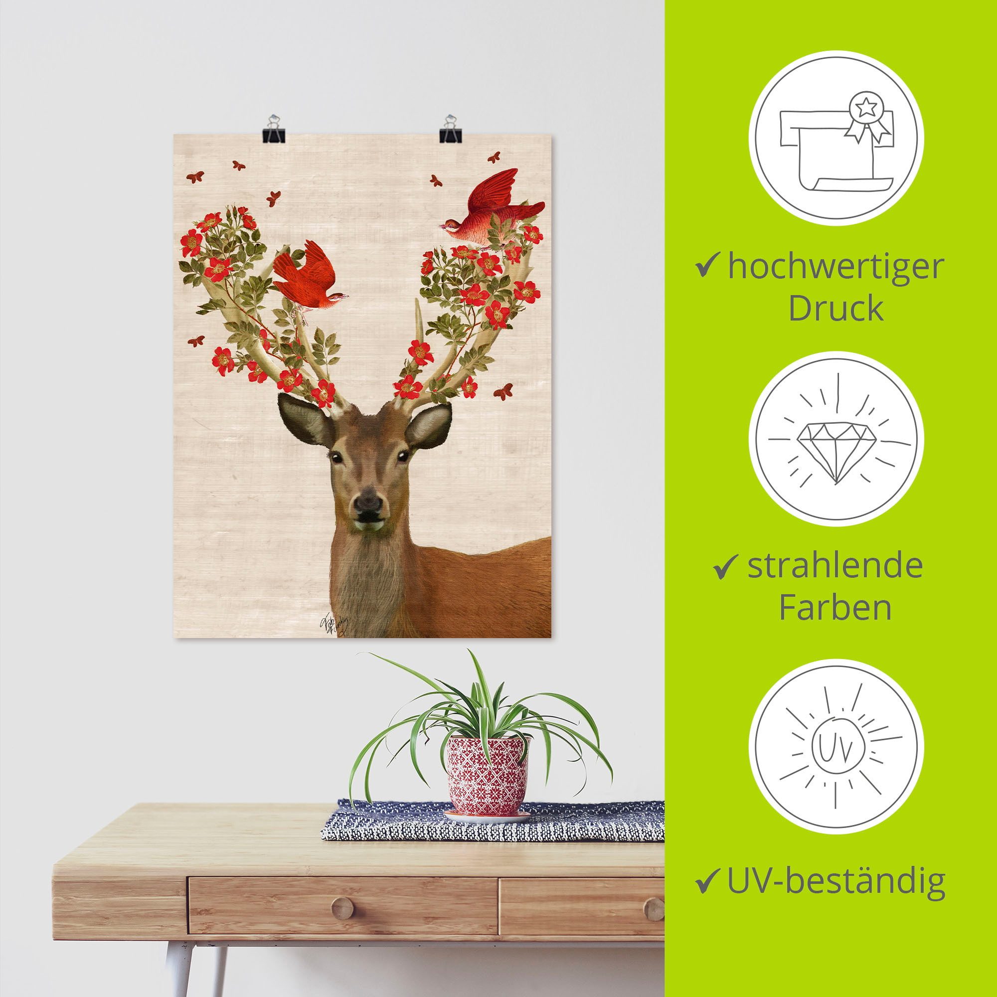 Artland Artprint Edelhert en vogels liefde als artprint op linnen, poster, muursticker in verschillende maten