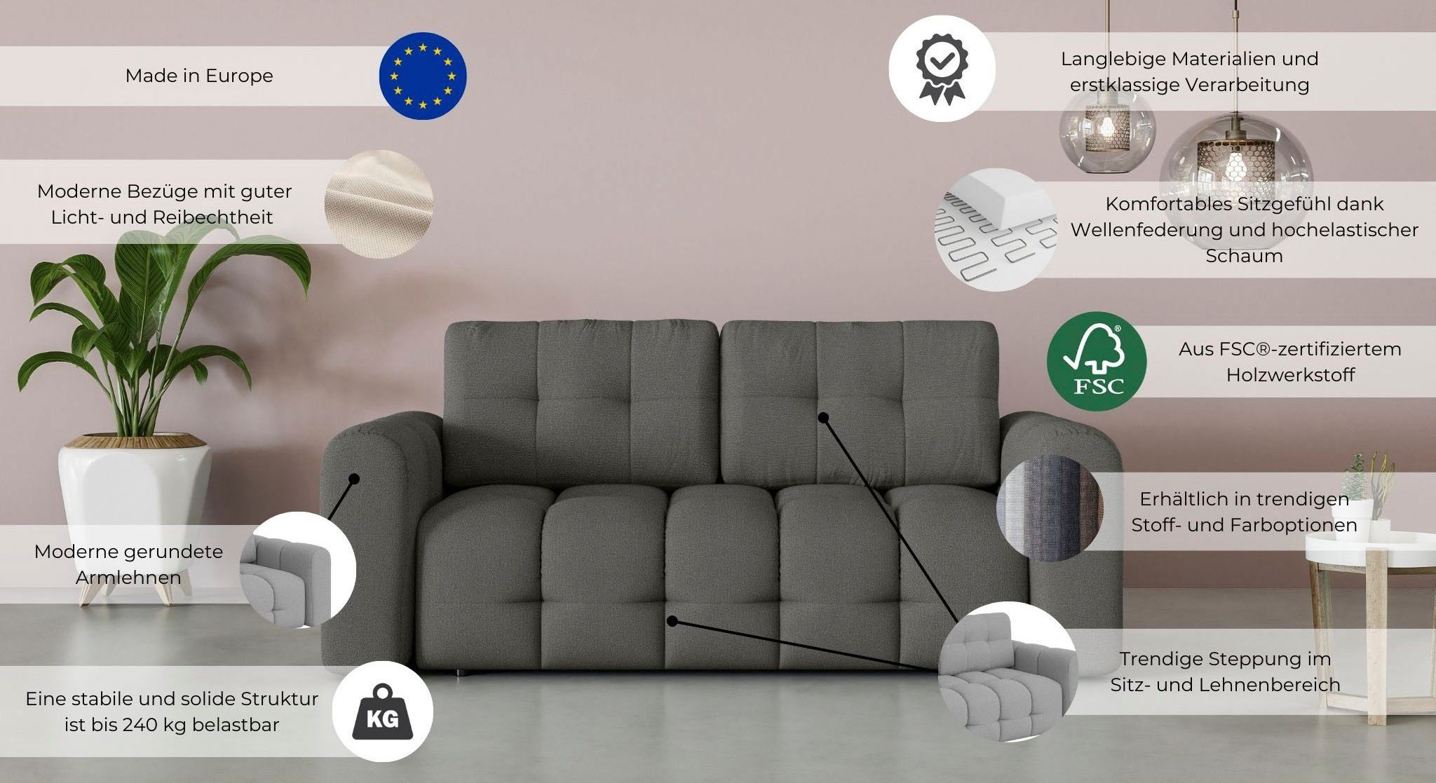 INOSIGN 2-zitsbank Manilla, trendy stiksels, 2 rugkussens, B/D/H 195/107/91 cm met golfondersteuning, in verschillende materialen en kleuren