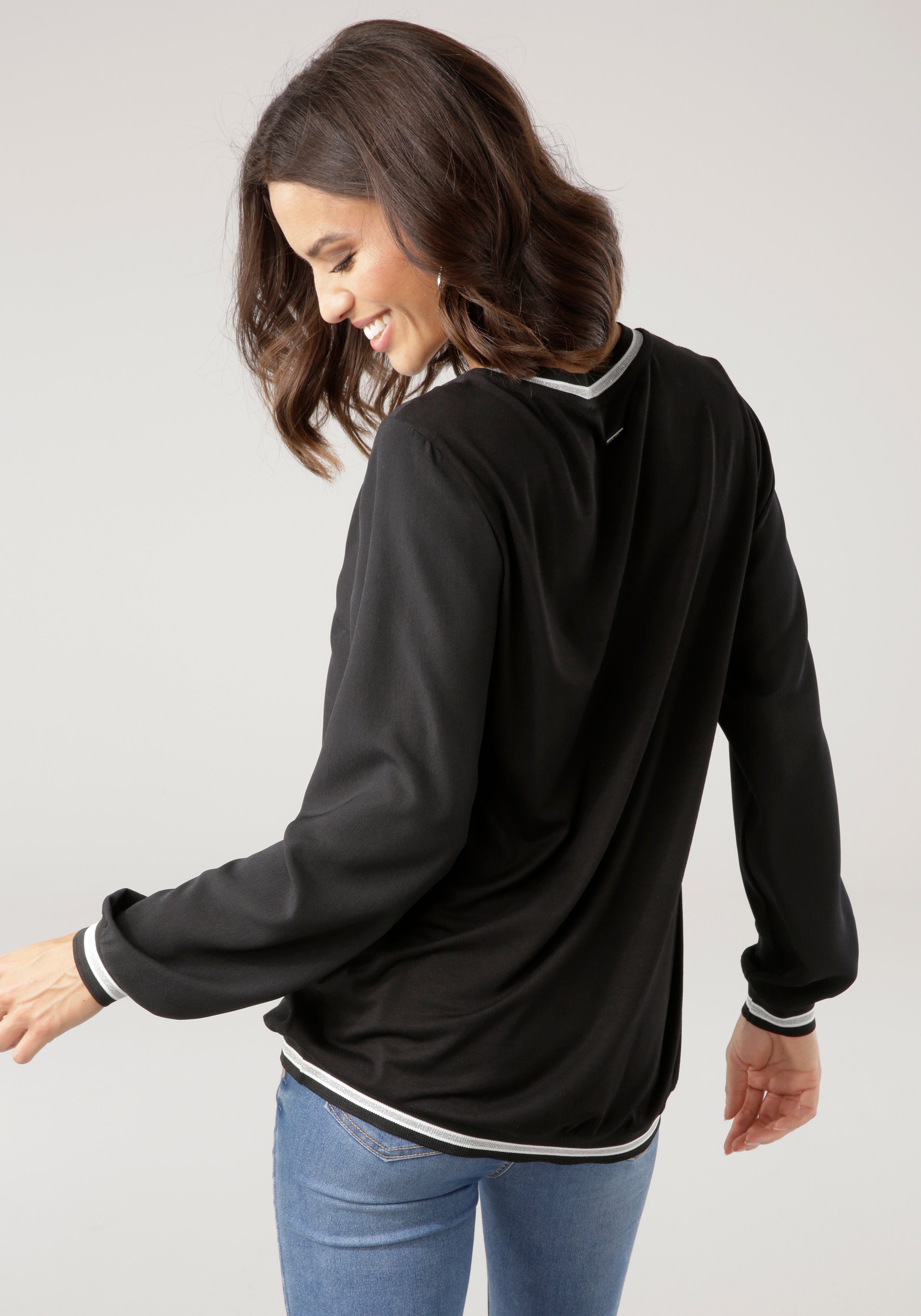 Laura Scott Blouse zonder sluiting met contrasterende band van glansgaren