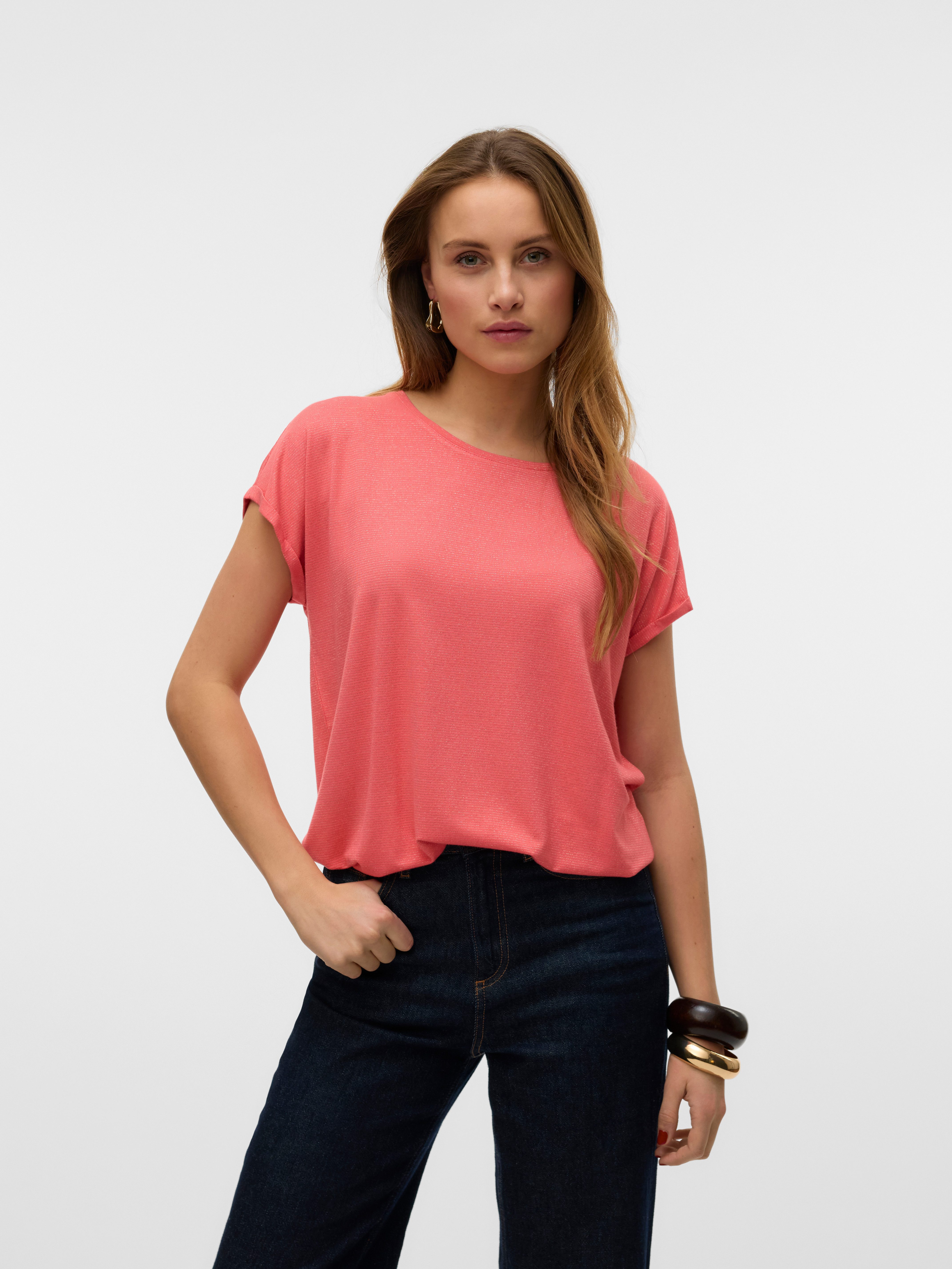 Vero Moda Shirt met ronde hals VMLAVA PLAIN SS TOP LUREX STRIPE
