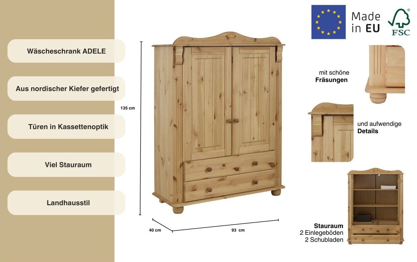 Home affaire Waskast Adele, multifunctionele kast gemaakt van massief grenen, 2 of 3 deuren