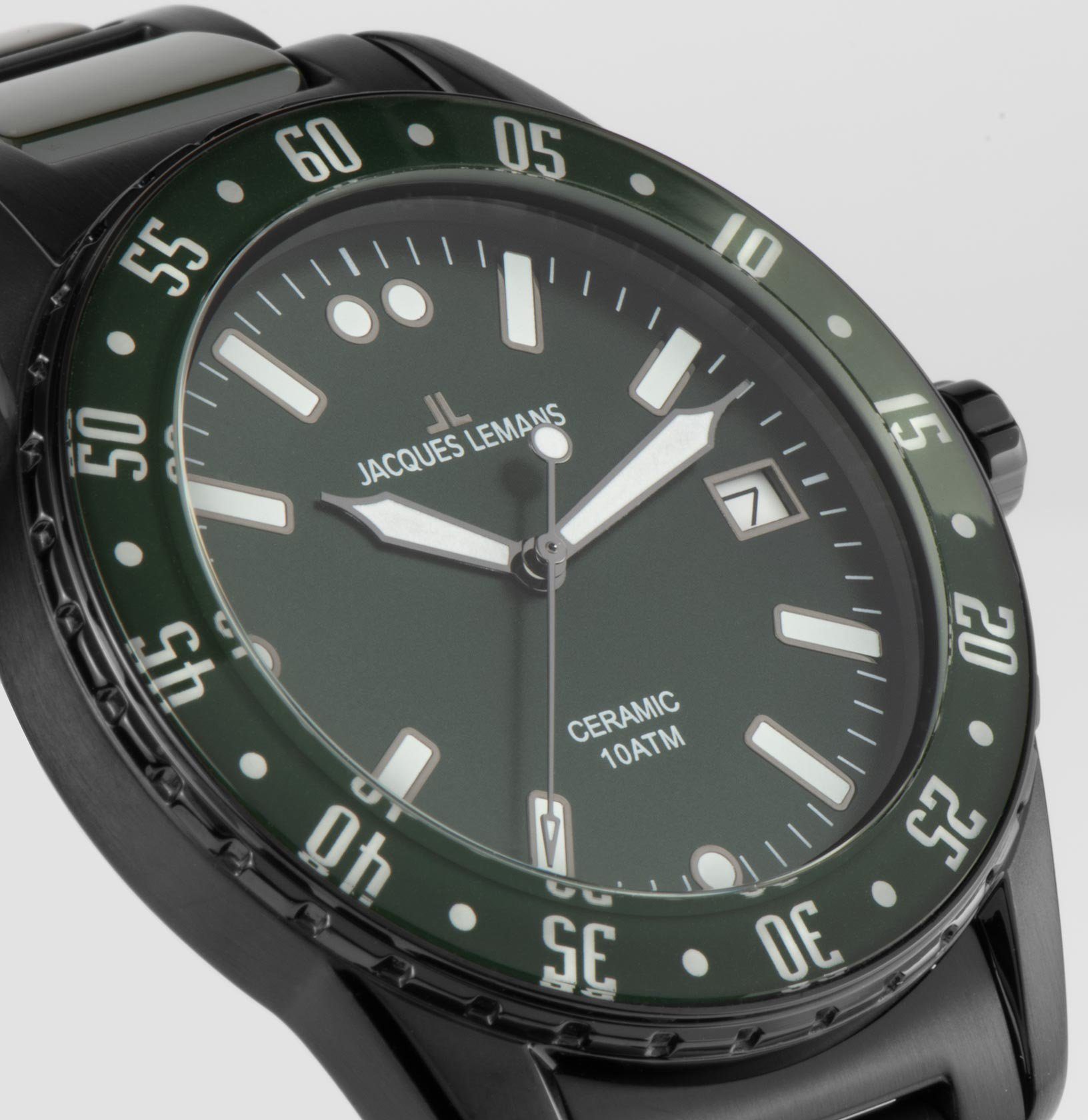 Jacques Lemans Keramisch horloge Liverpool, 42-10F Quartz horloge, armbandhorloge, herenhorloge, datum, lichtgevende wijzers, roestvrijstalen band