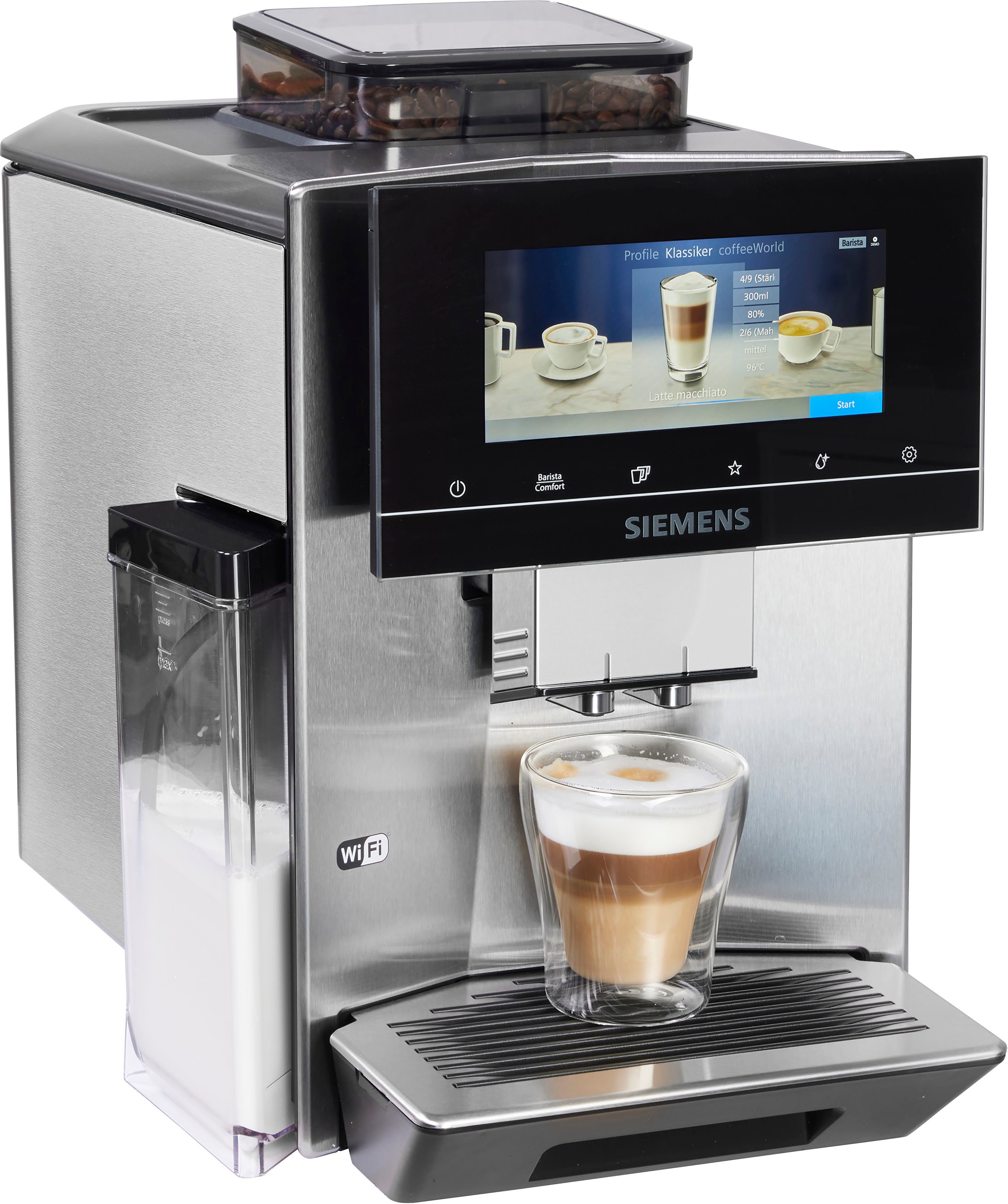 SIEMENS Volautomatisch koffiezetapparaat EQ900 TQ903D43, intuïtief 6,8" TFT-display, ruisonderdrukking, App-bediening, Barista-modus, AromaSelect, 3 profielen, roestvrij staal
