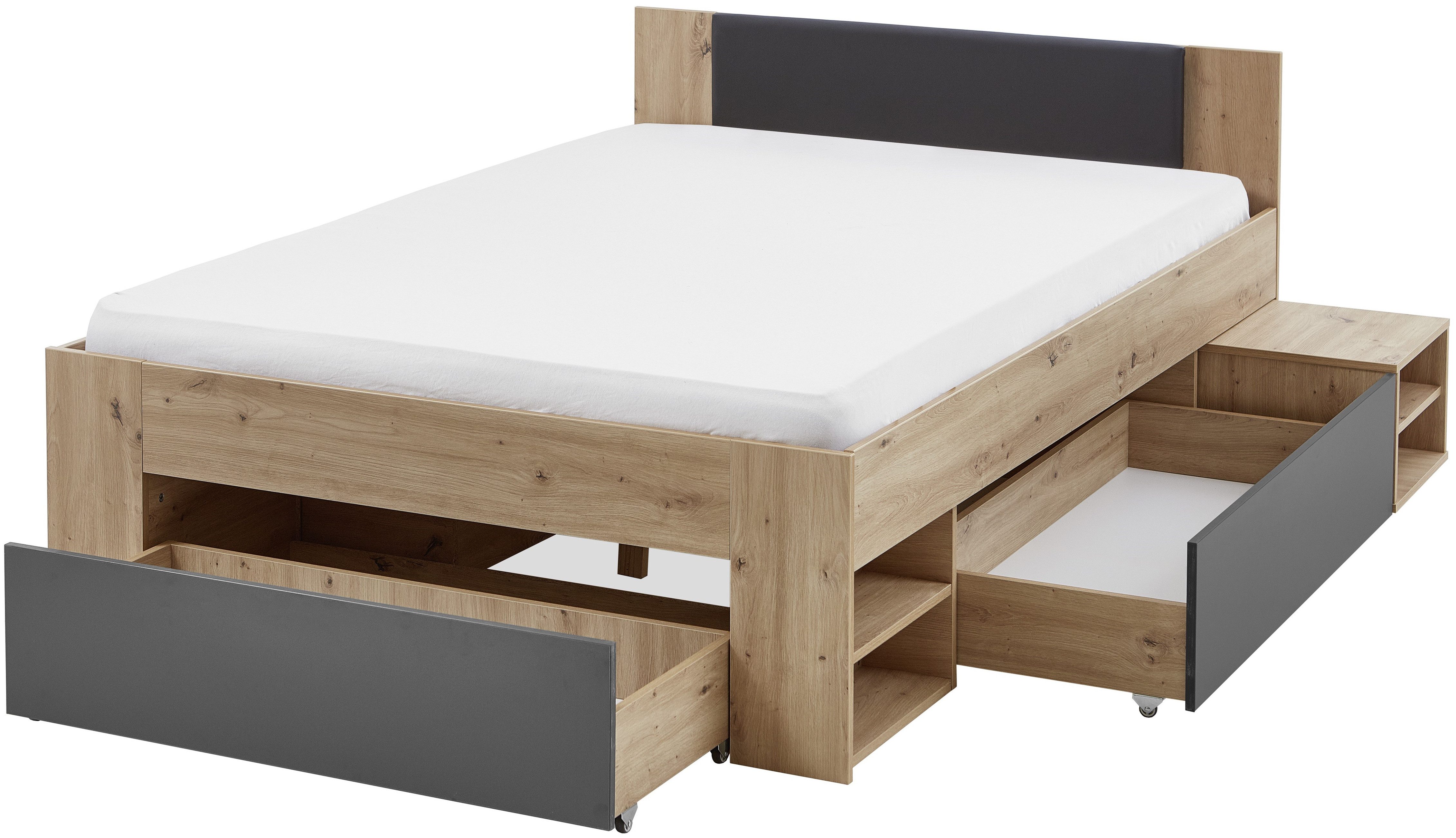 Relita Ledikant met bergruimte Stefan met grote lades en Nako op wielen, incl. latten met comfortabele lighoogte, verkrijgbaar in 2 breedtes en 2 kleuren