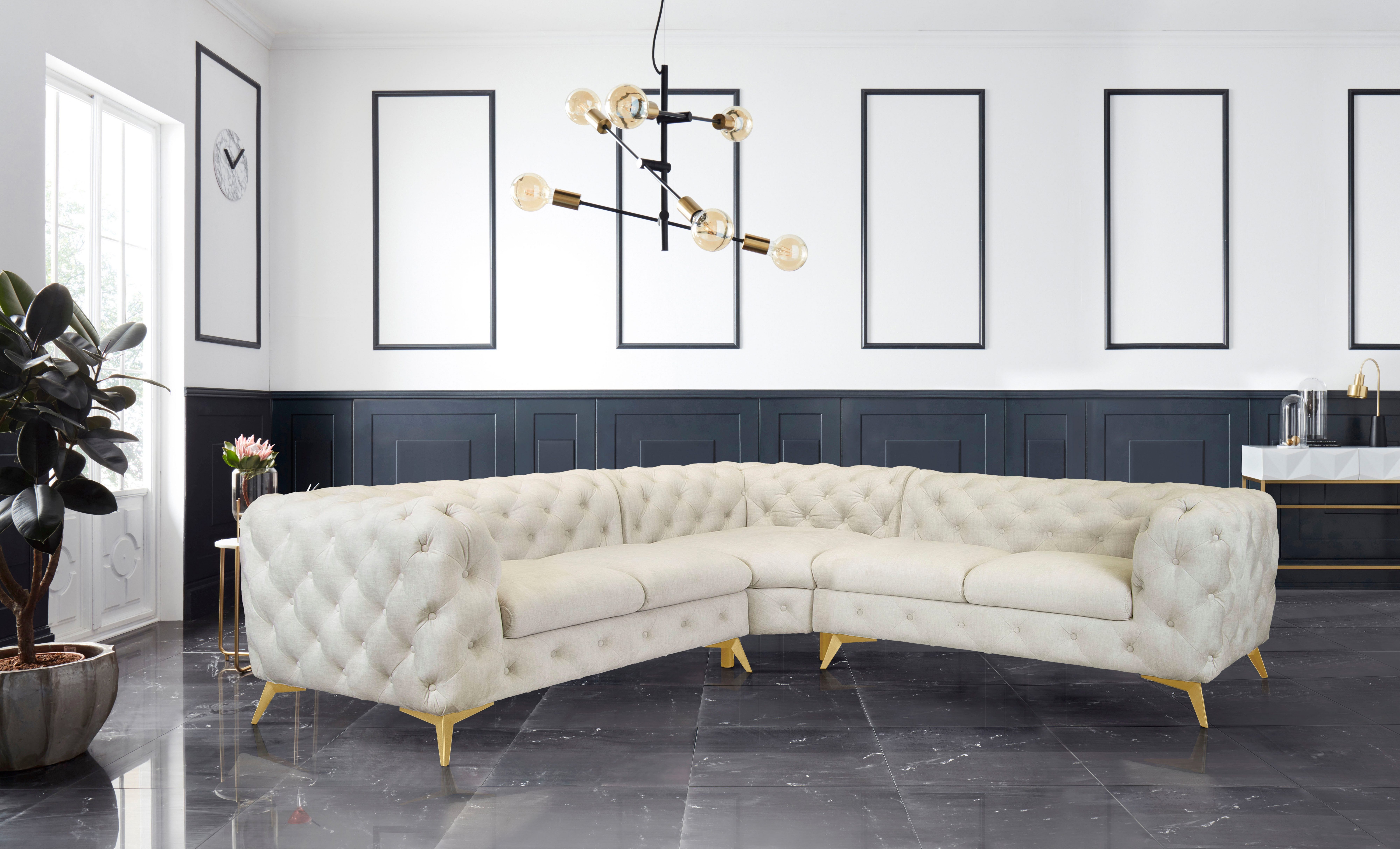 Leonique Chesterfield-bank Glynis L-vorm luxueuze capitonnage, moderne chesterfield look, kleur van de poten ter keuze