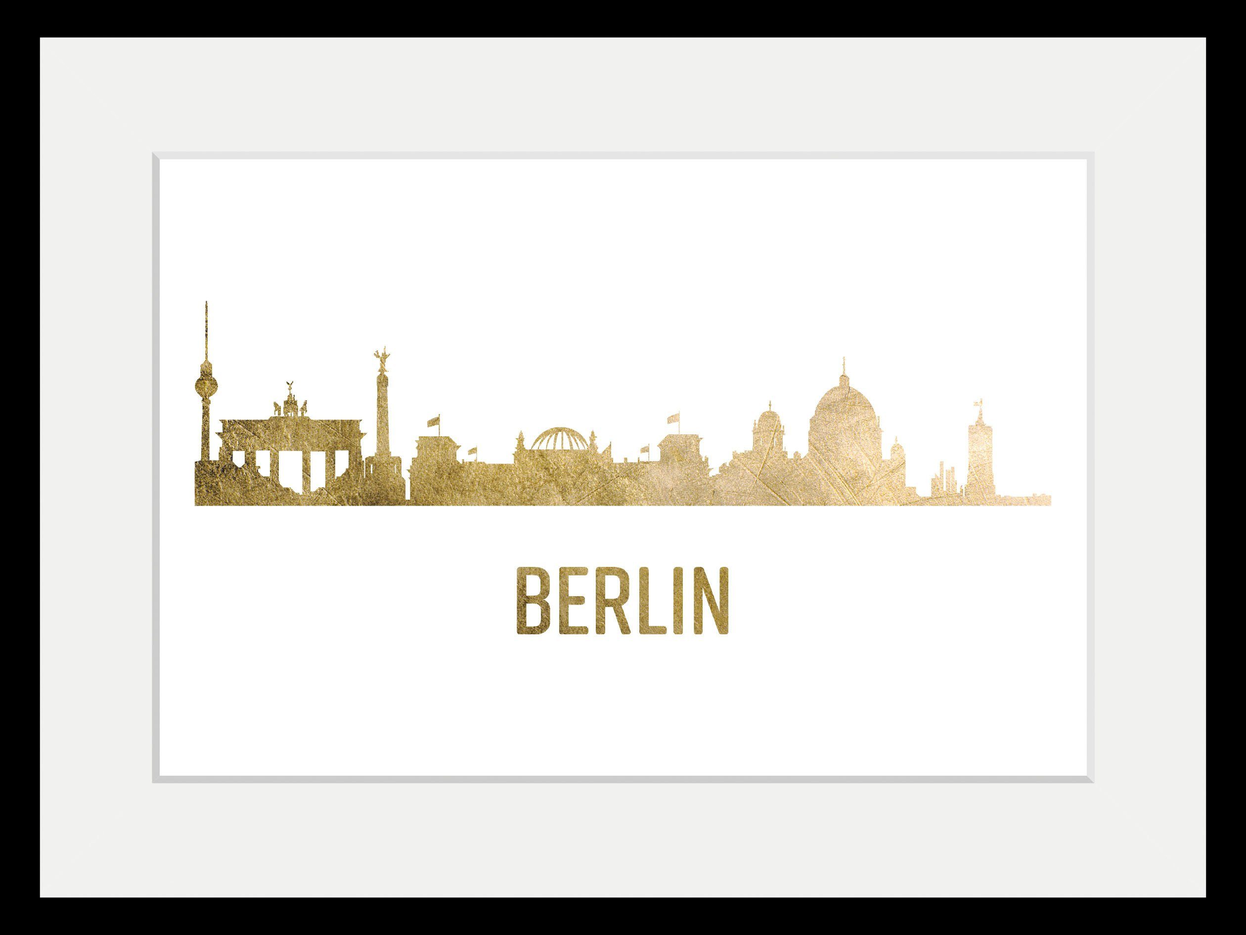 queence Wanddecoratie Berlijn Skyline GOLD HD premium posterdruk incl. houten lijst (1 stuk)