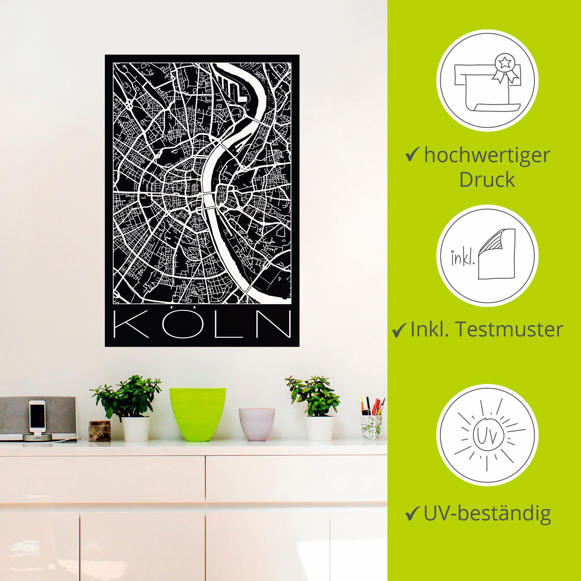 Artland Artprint Retro kaart Keulen Duitsland zwart als poster, muursticker in verschillende maten