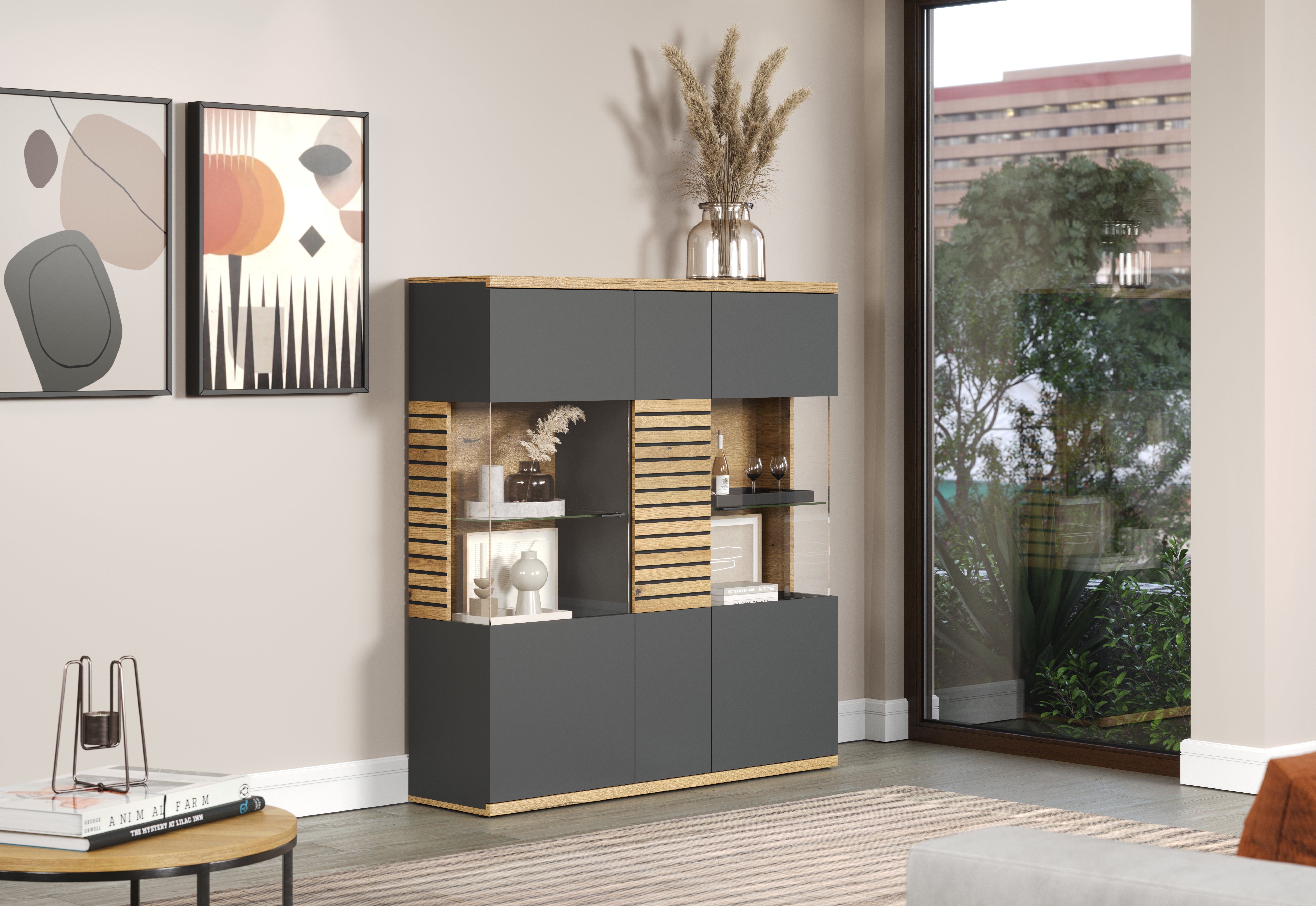 INOSIGN Highboard GALWAY Brede woonkamer vitrinekast in trendy ribbellook - Soft-Close