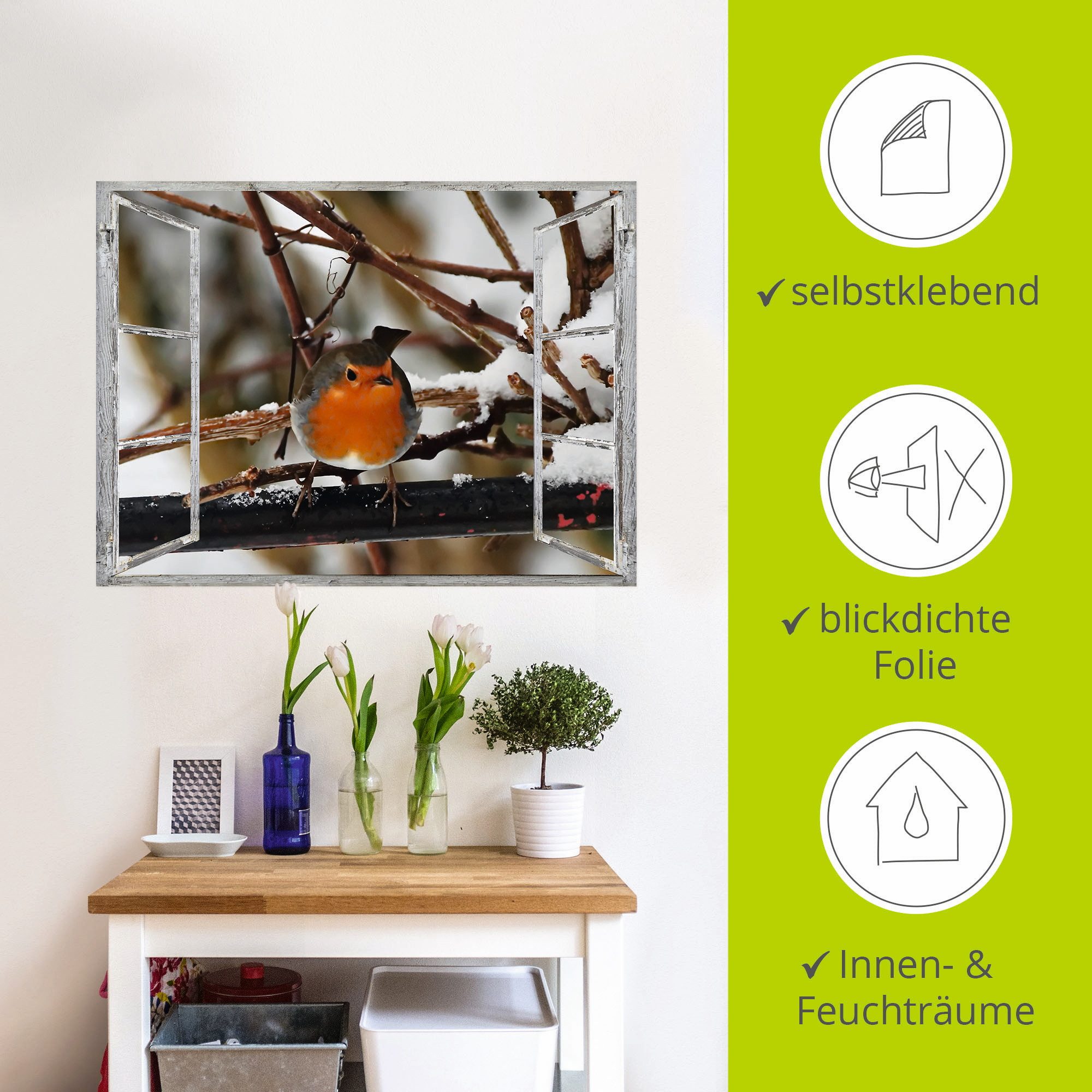Artland Artprint Vensterbeeld - roodborst als poster, muursticker in verschillende maten