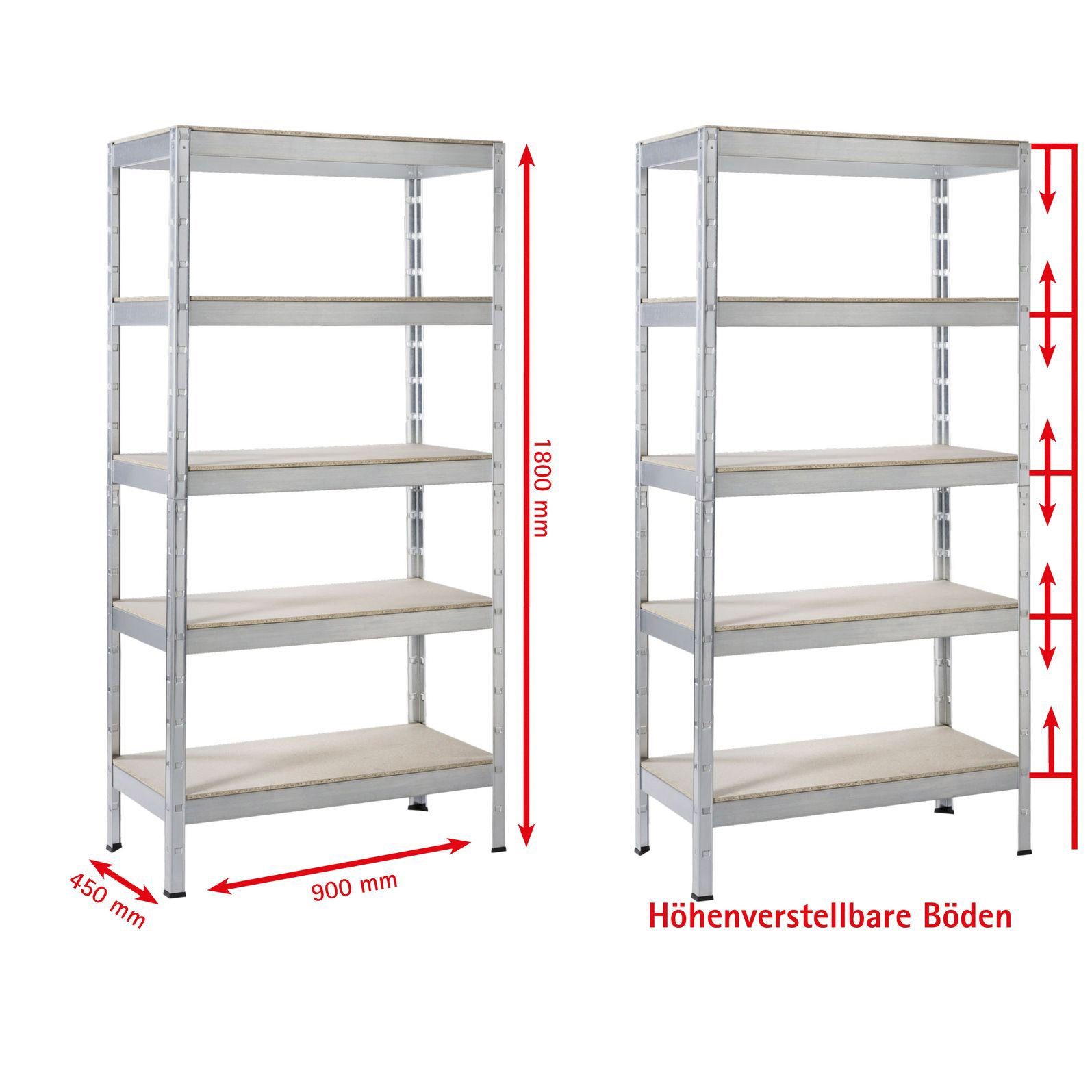 SCHULTE Regalwelt Zwaar belastbare stelling Zwaar belastbare aanbouwstelling Metaal verzinkt, 1800x900x450 mm, 5 houten planken