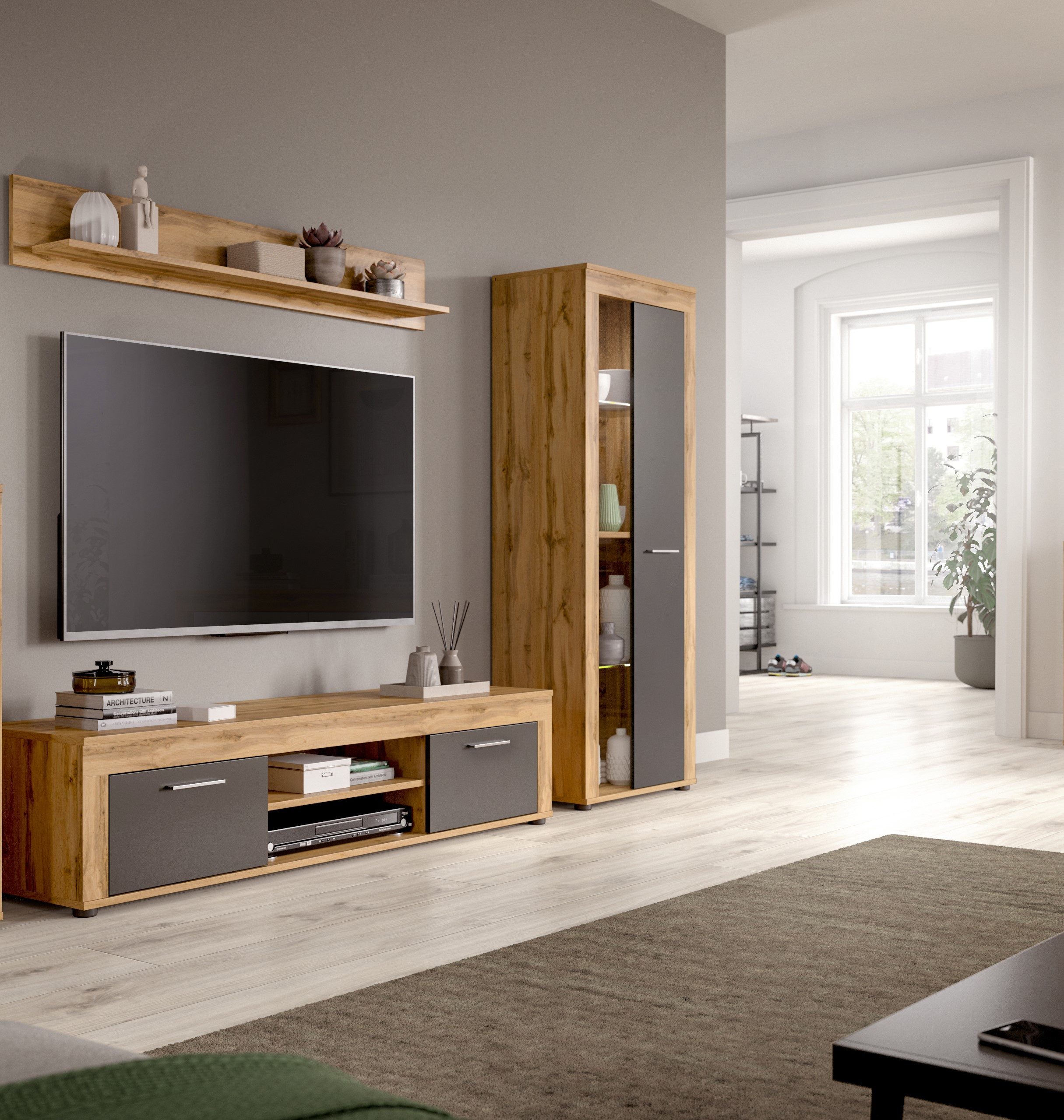 INOSIGN Wandmeubel Aosta, Breedte 235cm, bestaand uit Lowboard, Wandplank, Vitrine Woonwand, combinatie, opbouwwand, meubelset, kastwand, meubelcombi (3-delig)