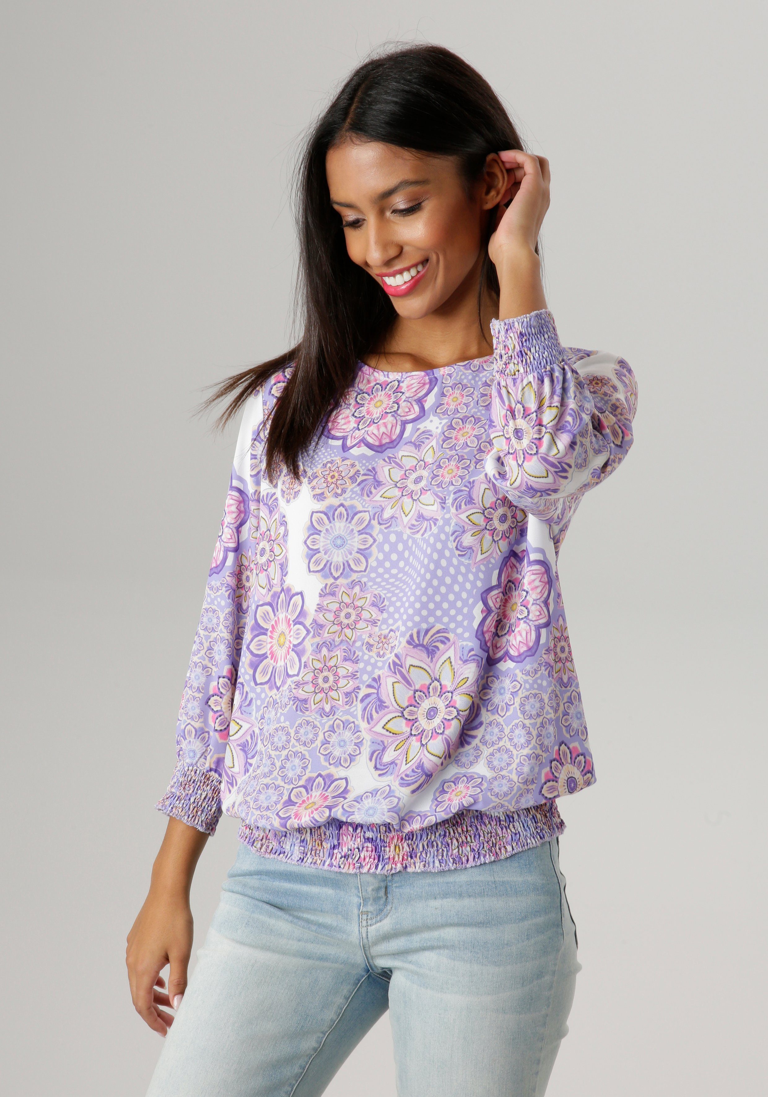 Aniston SELECTED Blouse zonder sluiting met smokborden en mandala-print