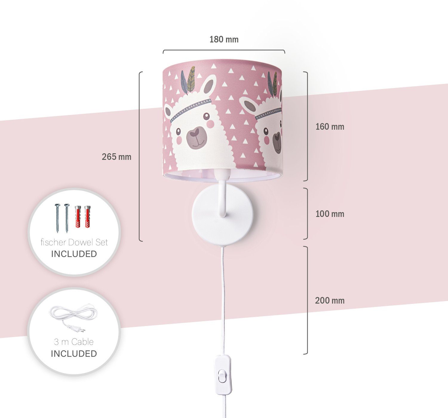 Paco Home Wandlamp Ela 214 Kinderlamp wandlamp met schakelaar Ø…18cm lama roze grijs kabel 3m E14