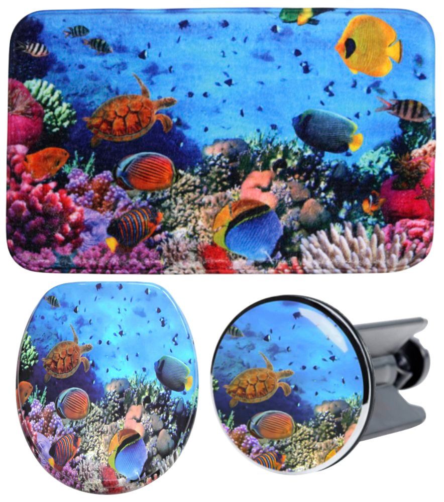 Sanilo Set badkameraccessoires Ocean bestaand uit toiletzitting, badmat en wastafelplug (complete set, 3-delig) badkameraccessoires blauw