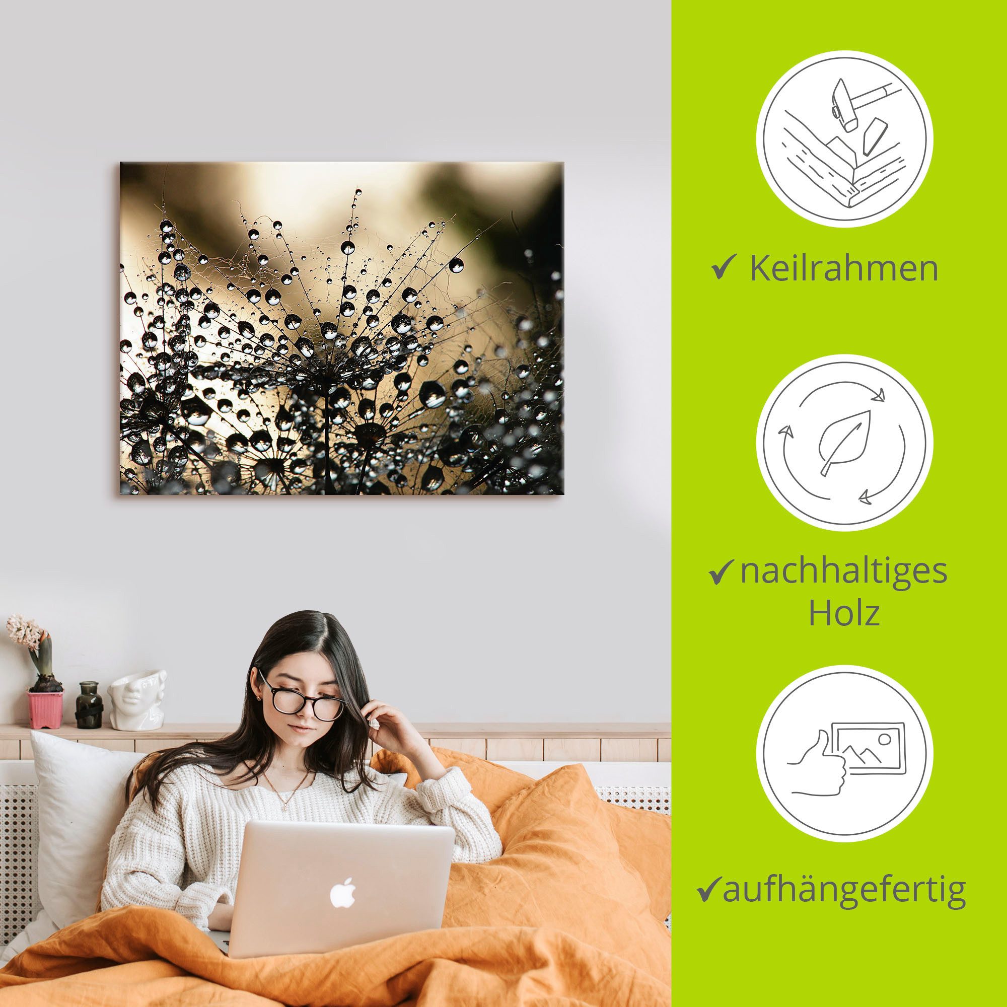 Artland Artprint Natte paardenbloem als artprint van aluminium, artprint voor buiten, artprint op linnen, poster, muursticker