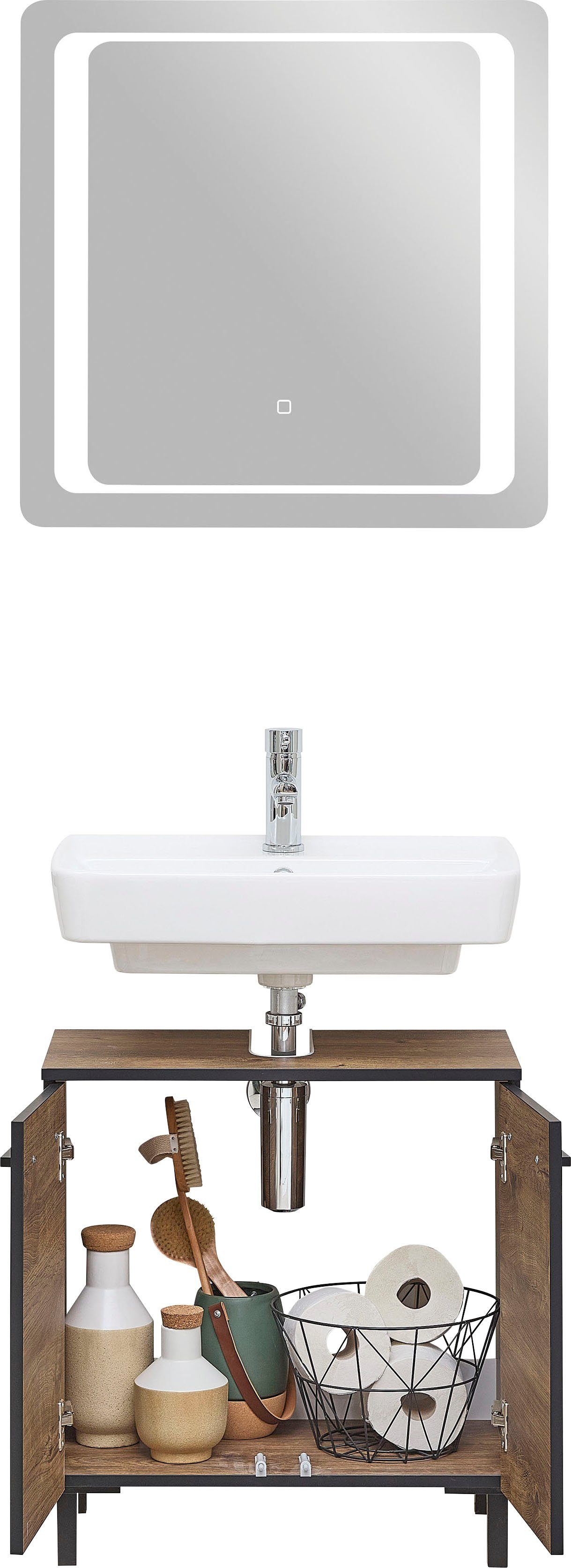 Saphir Badkamerserie Quickset wastafelonderkast met LED-spiegel Wastafel 60 cm breed, inclusief deurdemper, 2 deuren, badset (4-delig)