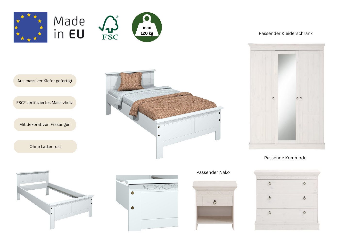 Home affaire Massief houten ledikant Indra, TOPSELLER, landhuisstijl, elegant design, gecertificeerd massief hout