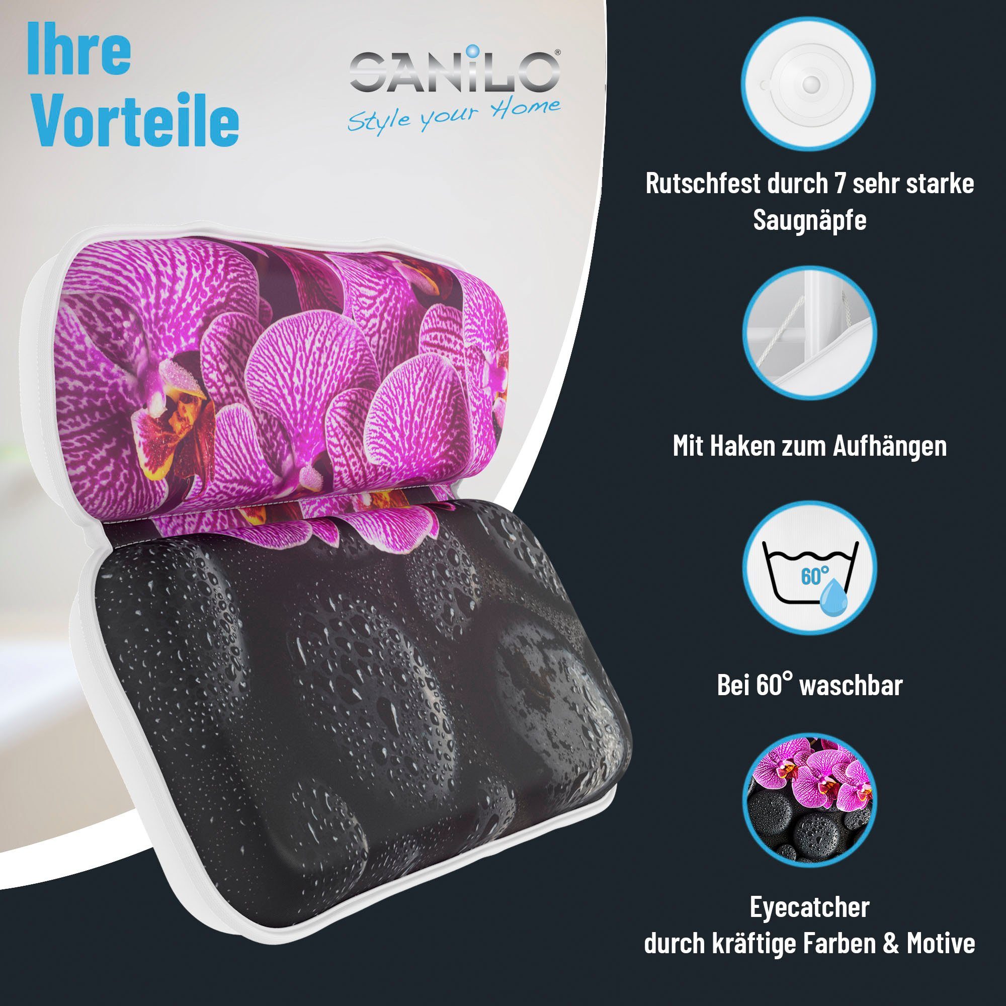 Sanilo Nekkussen Badkussen Madeira comfortabel, antislip, volle kleuren, met 7 prima zuignappen