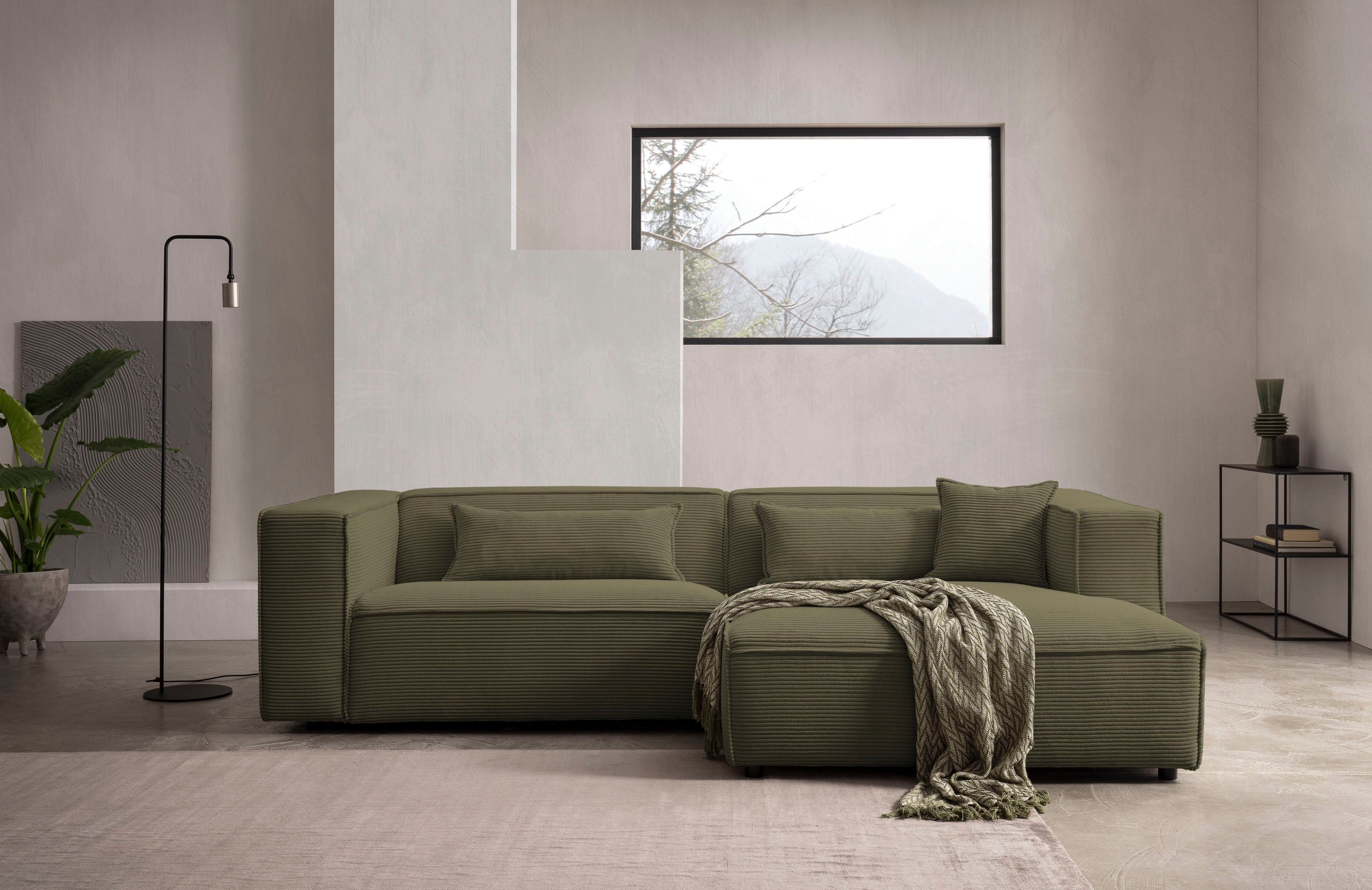 LeGer Home by Lena Gercke Hoekbank PIARA met biesnaad in cord of linnenlook, moderne bank in L-vorm keuze ottomaan rechts/links, zwarte voeten, comfortabel zitcomfort