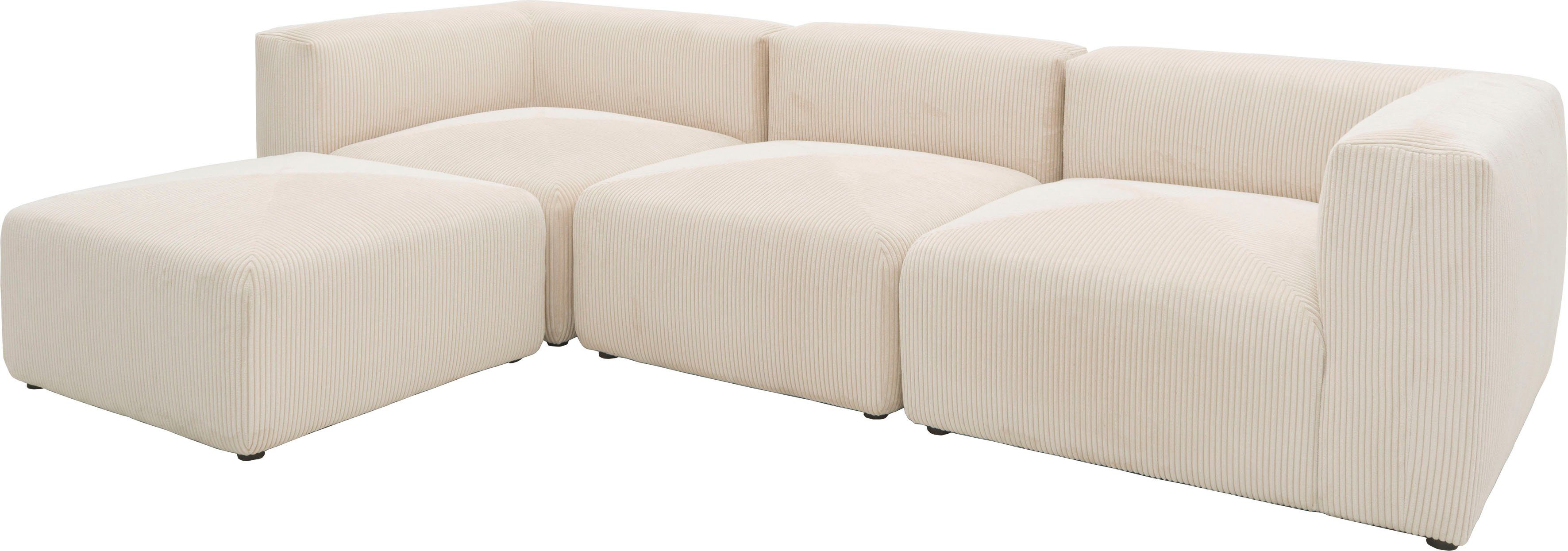 RAUM.ID Hoekbank Gerrid L-vorm Ribfluwelen bekleding, modulaire bank, bestaande uit hoek- en tussenelement + voetenbank/poef
