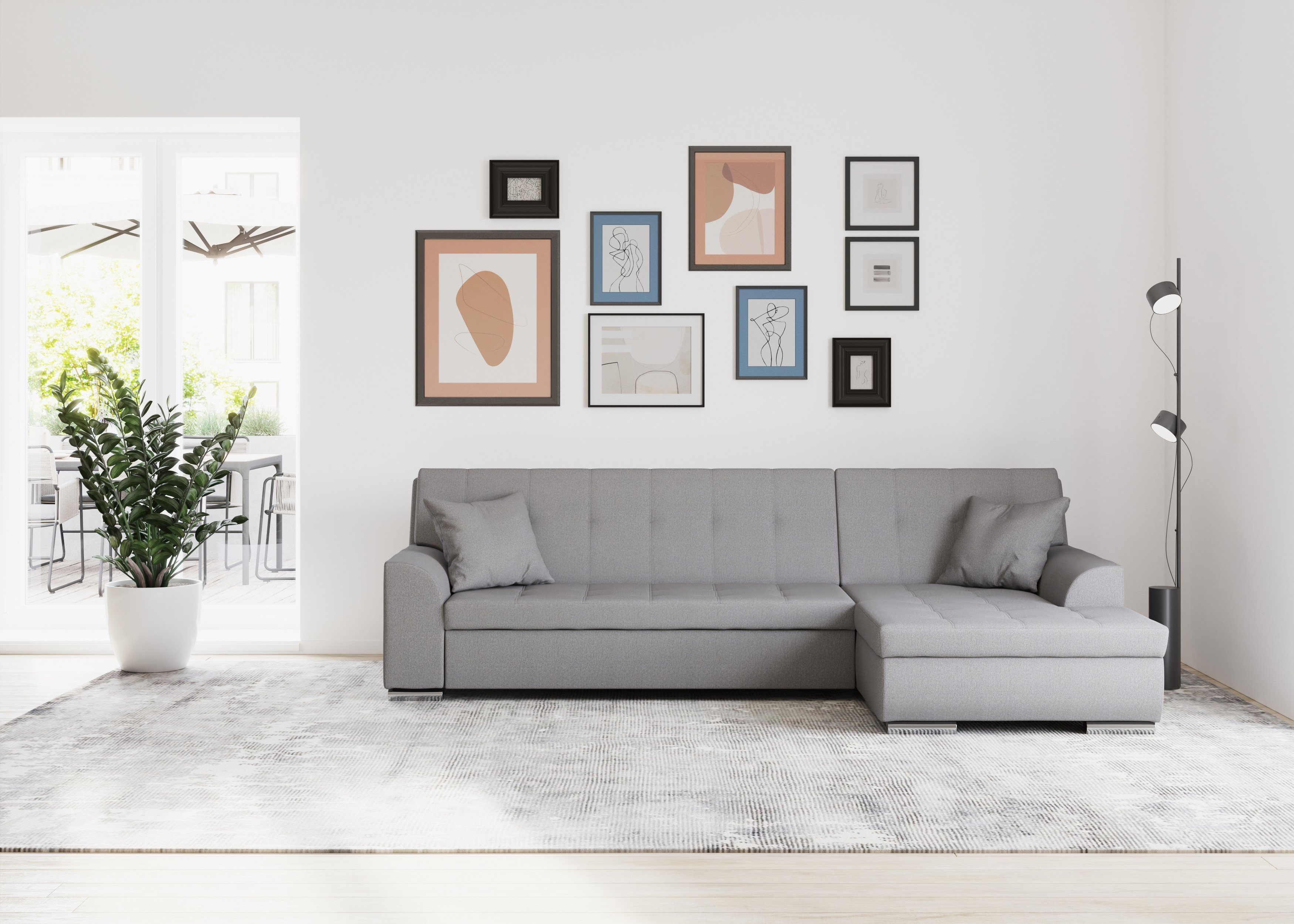 DOMO collection Hoekbank Treviso veel bekledingen, ook in cord, L-vorm, B/D/H: 267/80/83 cm optioneel met slaapbank functie, incl. sierkussens, hoogwaardig doorgestikt patroon