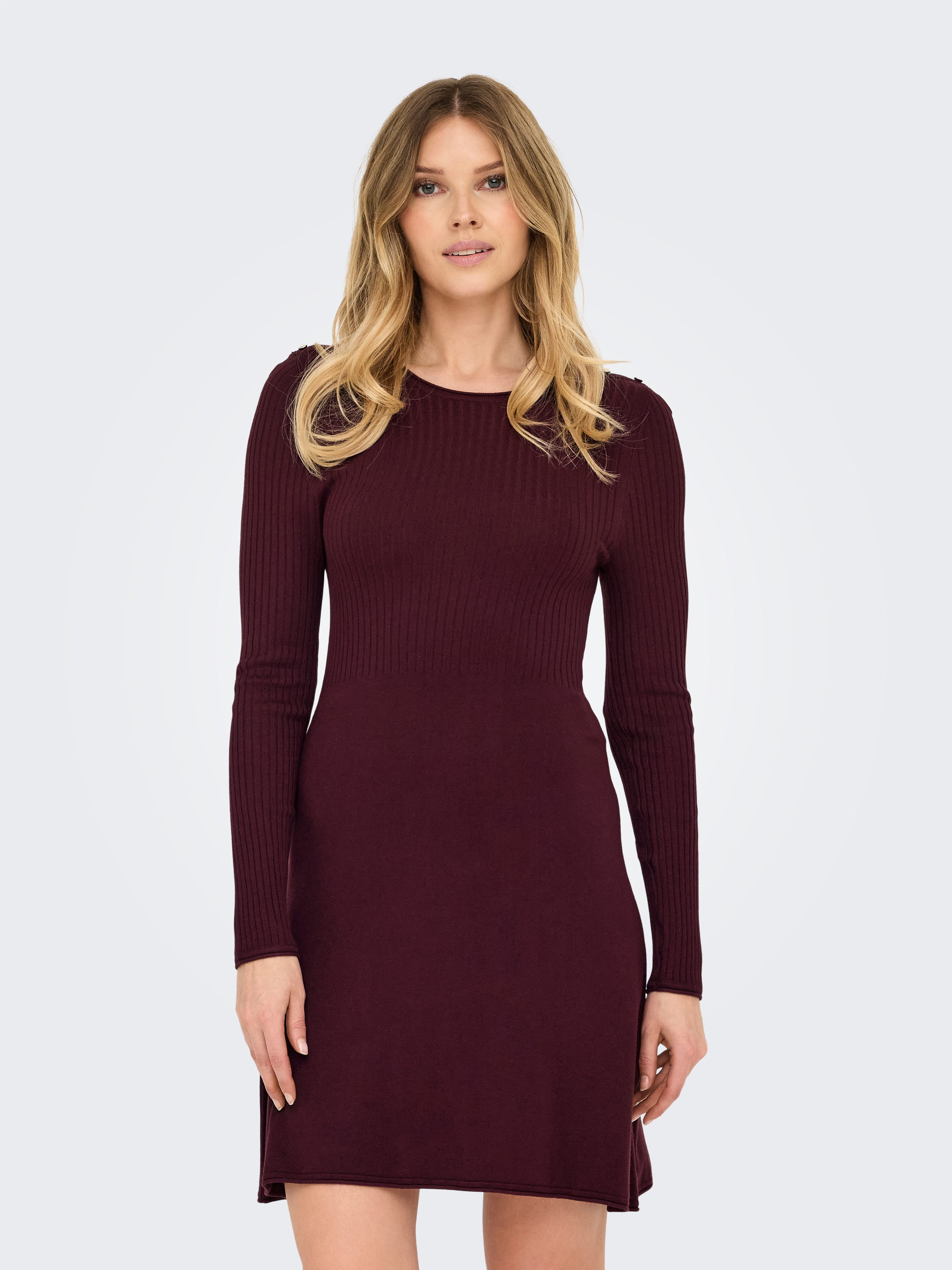 Only Midi-jurk ONLMILA SL BUTTON O-NECK DRESS EX KNT dames midi-jurken maat L (40) rood