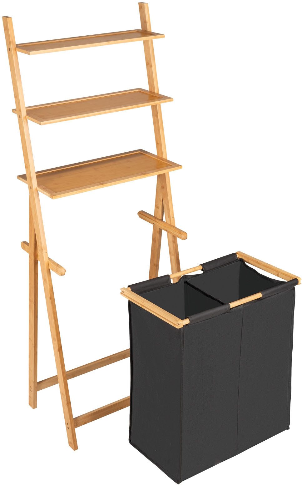 WENKO Wasmand met sorteerfunctie Ladderrek Ecori met wasverzamelaar Frame van bamboe, 3 schappen, textiel van 100% gerecycled polyester
