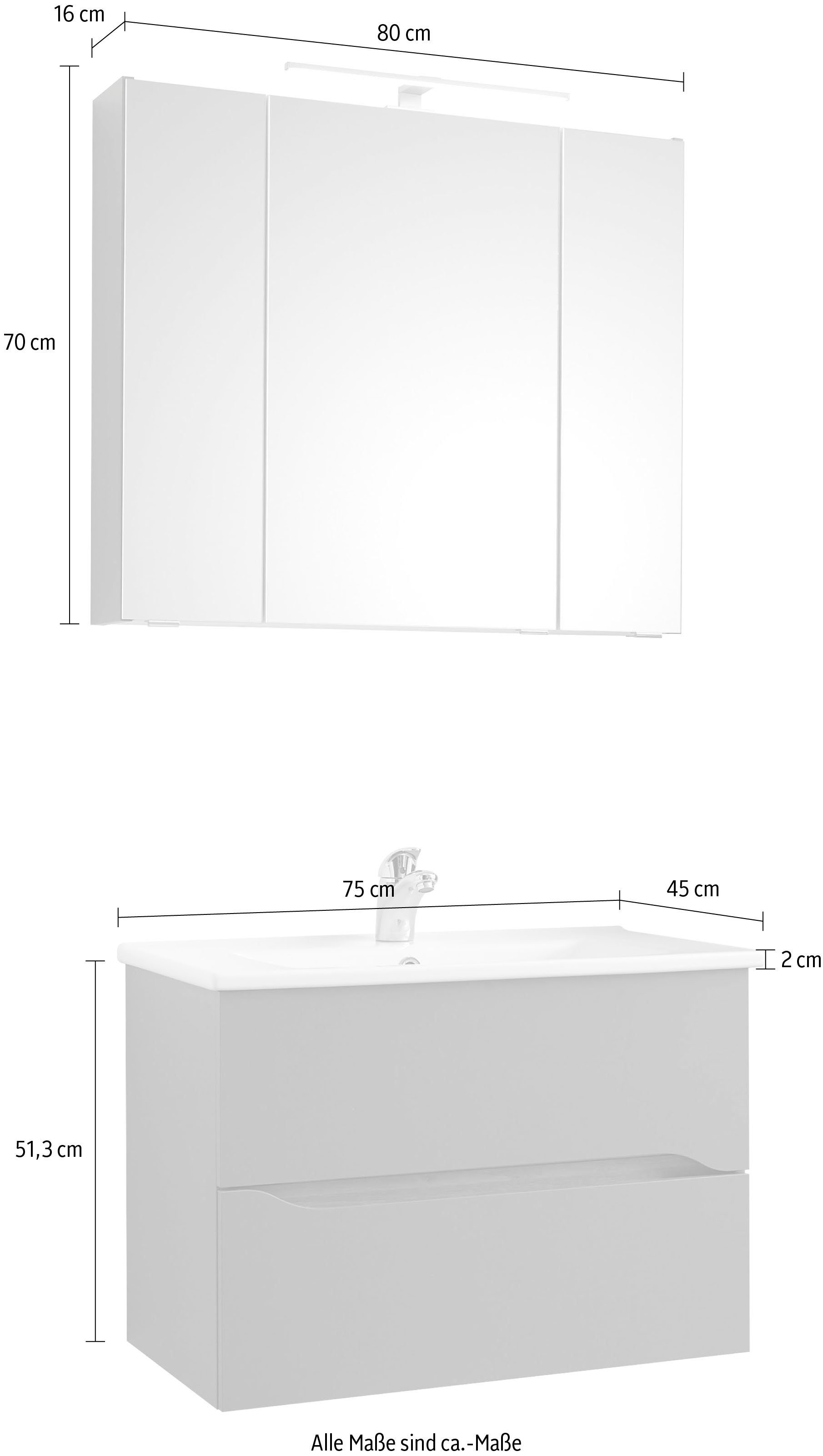 Saphir Badkamerserie Quickset 2-delig, keramische wastafel met LED-spiegelkast (2-delig)